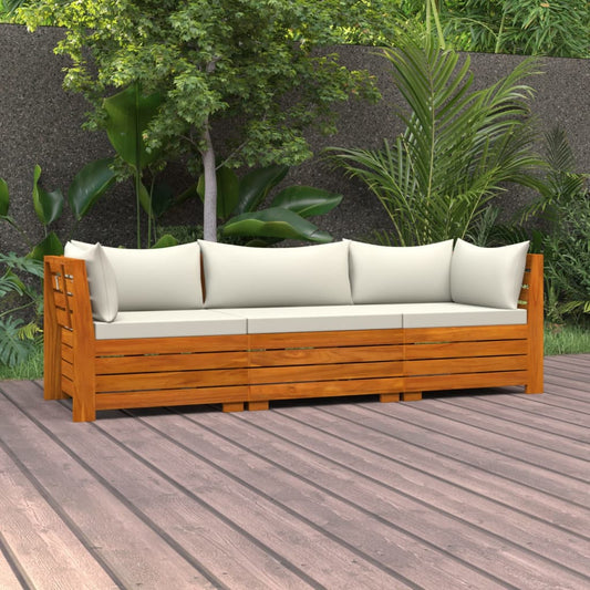 vidaXL Sofá de jardín de 3 plazas con cojines madera maciza de acacia