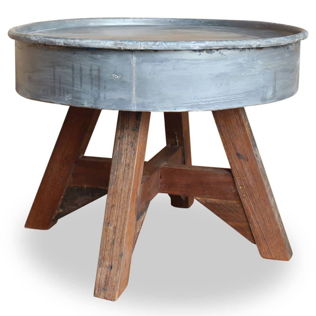 Mesa de comedor redonda, en madera de teca, acacia y caoba reciclada, con  patas cruzadas