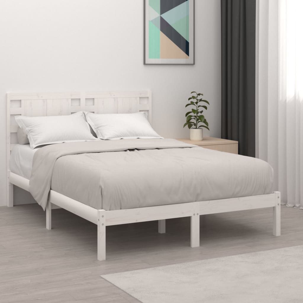 Estructura cama doble pequeña madera maciza blanco 120x190 cm