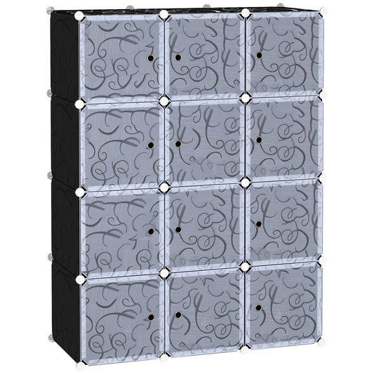 HOMCOM Armario Modular Plástico Estantería 12 Cubos con Puertas para Almacenamiento de Ropa Armario Ropero Organizador para Almacenamiento Juguetes y Libros Montaje en Bricolaje