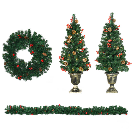 HOMCOM Conjunto de Árbol de Navidad de Entrada 4 Piezas Adornos Navideños con 2 Árboles de Navidad Guirnalda y Corona con Luces LED Blanco Cálido Bayas Rojas 40x40x90 cm Verde