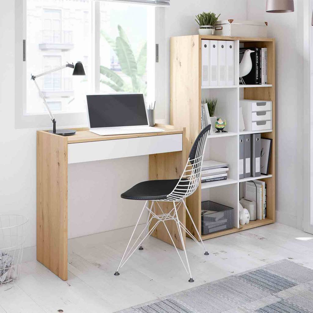 Mesa de escritorio fabricada en madera maciza de pino con cajones y estante  Forme
