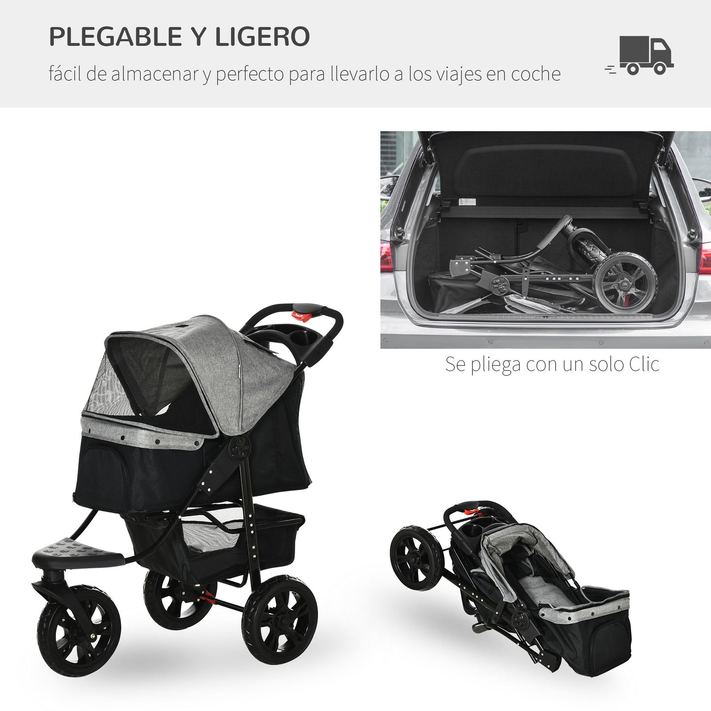 PawHut Carrito para Perros Plegable Cochecito para Mascotas Carrito para Perros Pequeños con 3 Ruedas Ventanas de Malla Cesta de Almacenaje y Correas de Seguridad 109,5x57,5x106,5 cm Gris