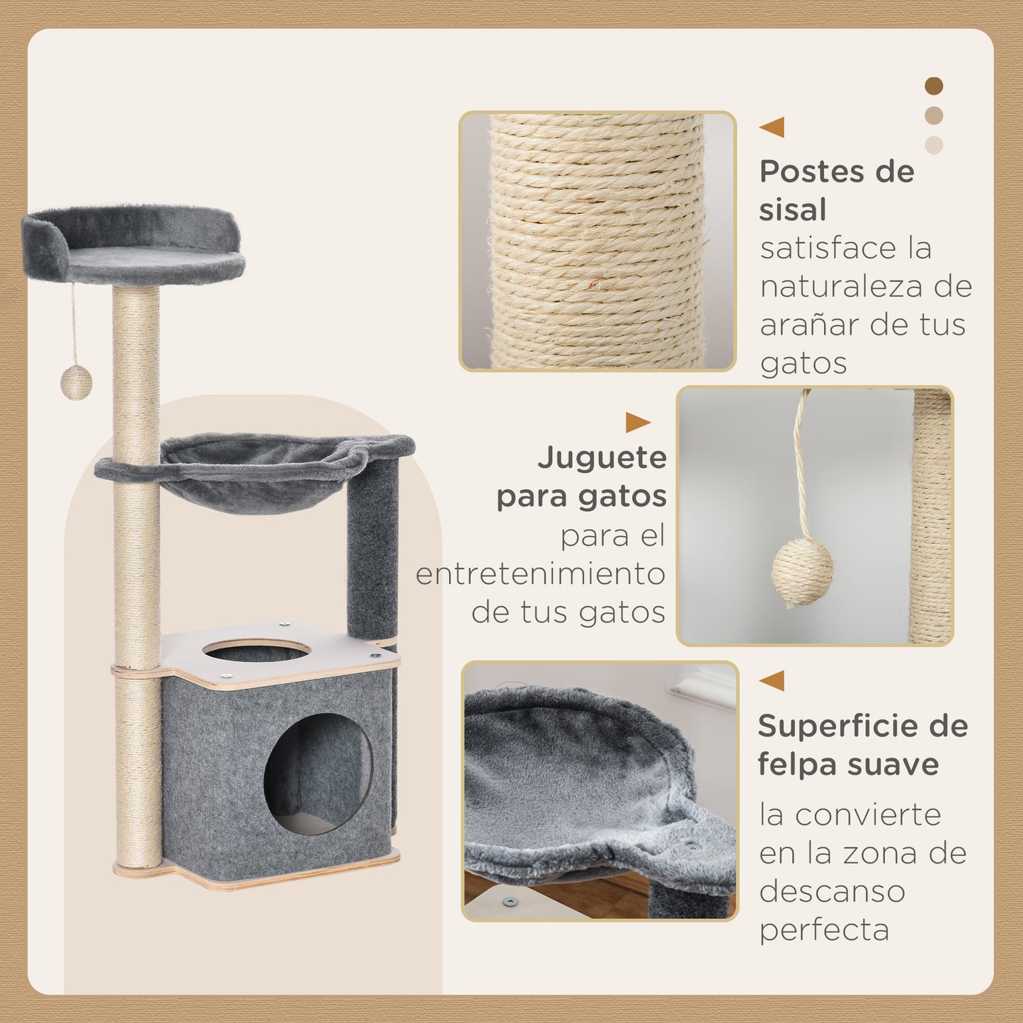 PawHut Árbol Rascador para Gatos 48x34x95 cm Torre para Gatos con Hamaca Plataformas Cueva Extraíble Bola Colgante y Postes de Sisal Gris