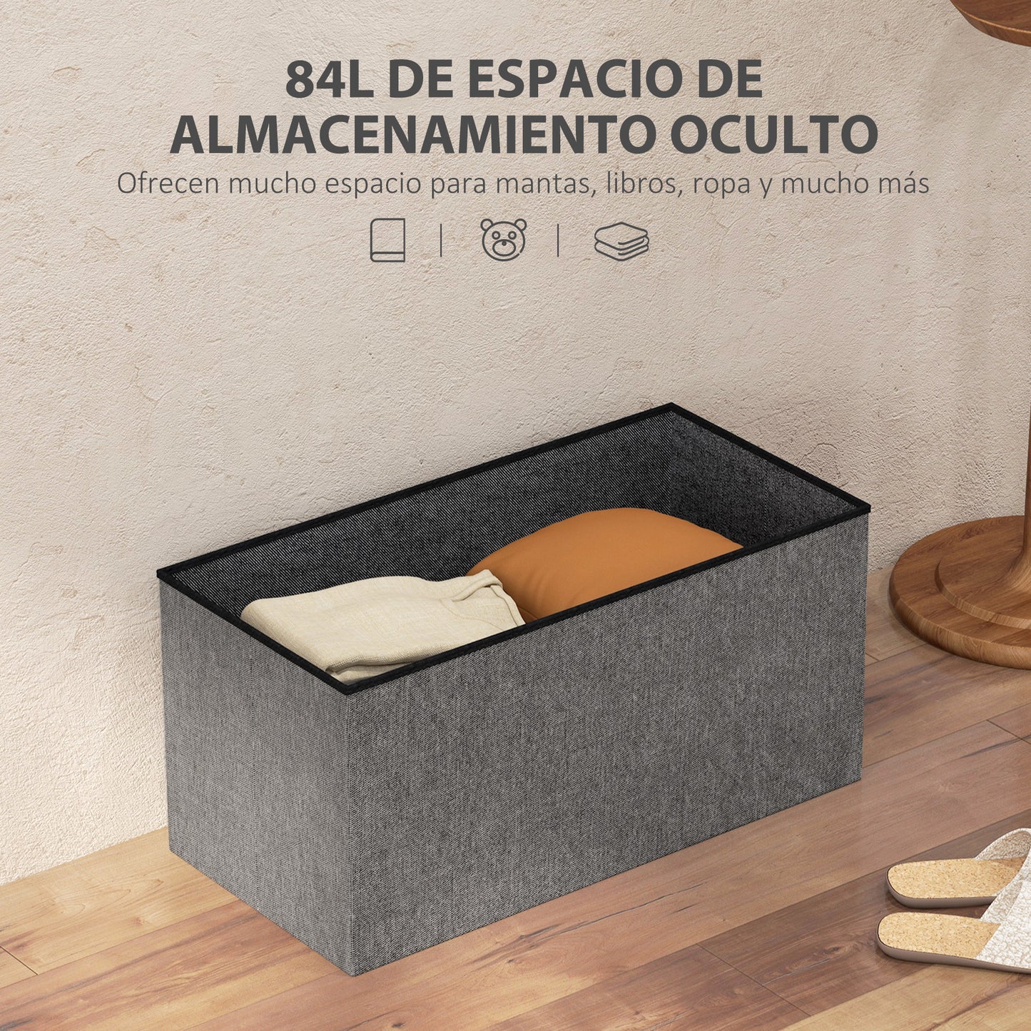 HOMCOM Baúl de Almacenaje para Dormitorio 84L Puff de Almacenaje Plegable Tapizado de Lino Sintético con Tapa para Salón 76x38x38 cm Gris Oscuro