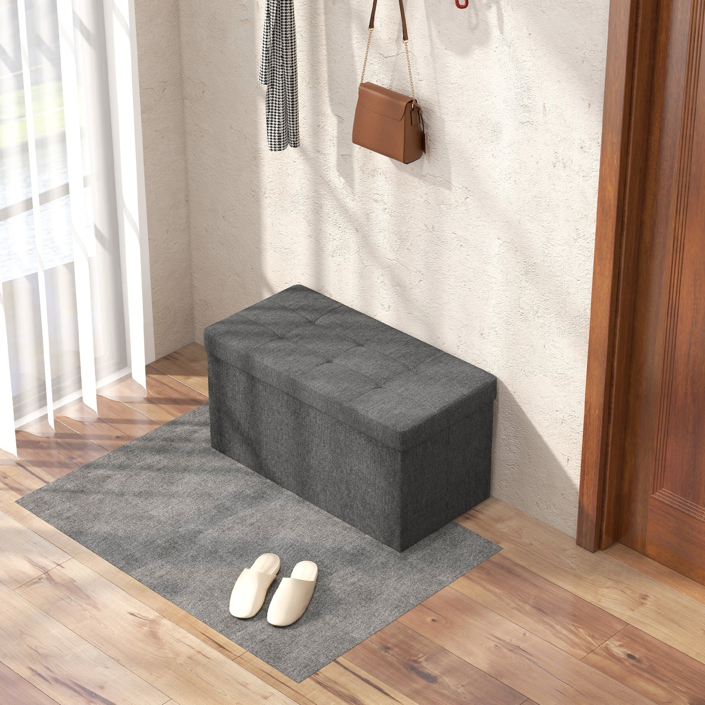 HOMCOM Baúl de Almacenaje para Dormitorio 84L Puff de Almacenaje Plegable Tapizado de Lino Sintético con Tapa para Salón 76x38x38 cm Gris Oscuro