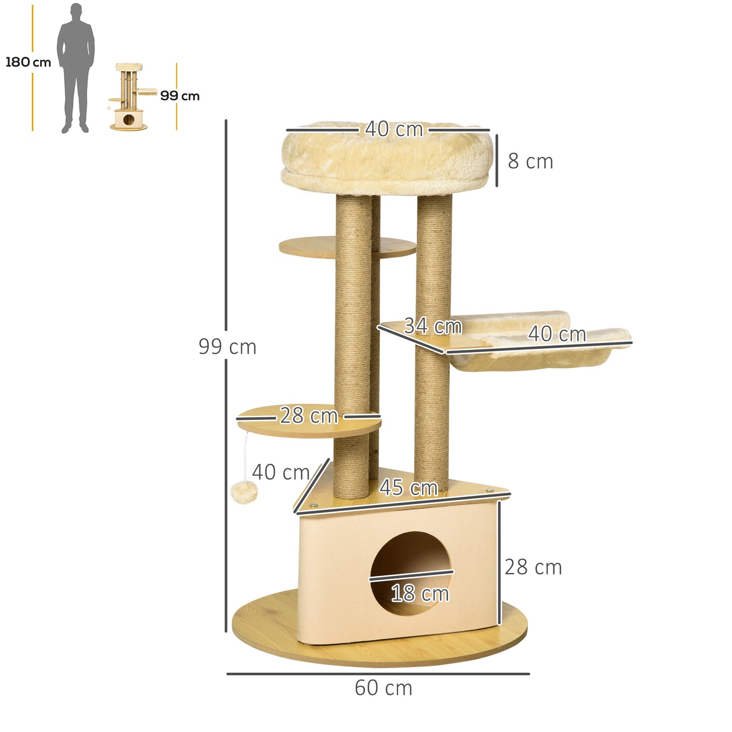 PawHut Árbol Rascador para Gatos Ø60x99 cm con Cueva Triangular de Fieltro Extraíble Hamaca Cama Lavable Postes Rascador de Yute Plataformas y Bola Colgante Beige y Natural