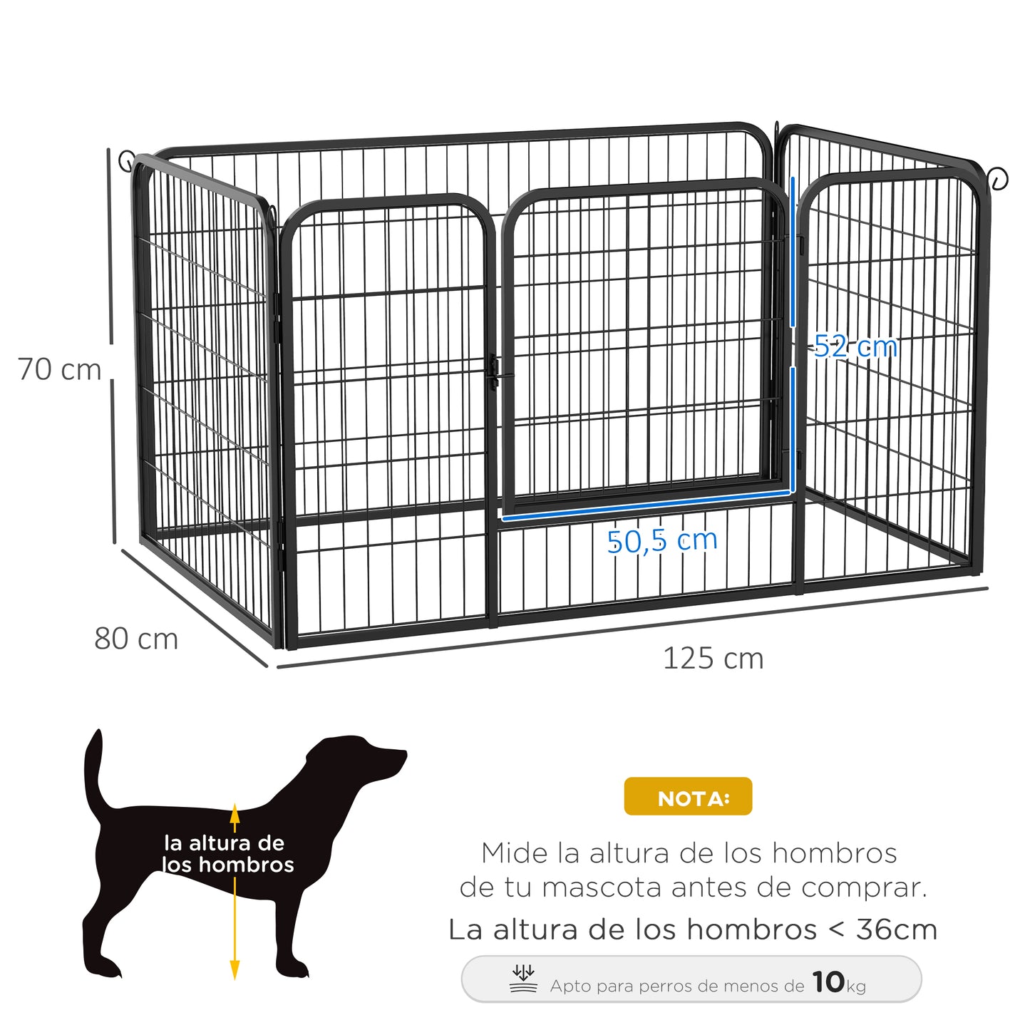 PawHut Parque para Mascotas Rectangular Jaula para Perros 4 Vallas de Metal con Puerta y Doble Cerradura Cerca de Entrenamiento 125x80x70 cm Negro