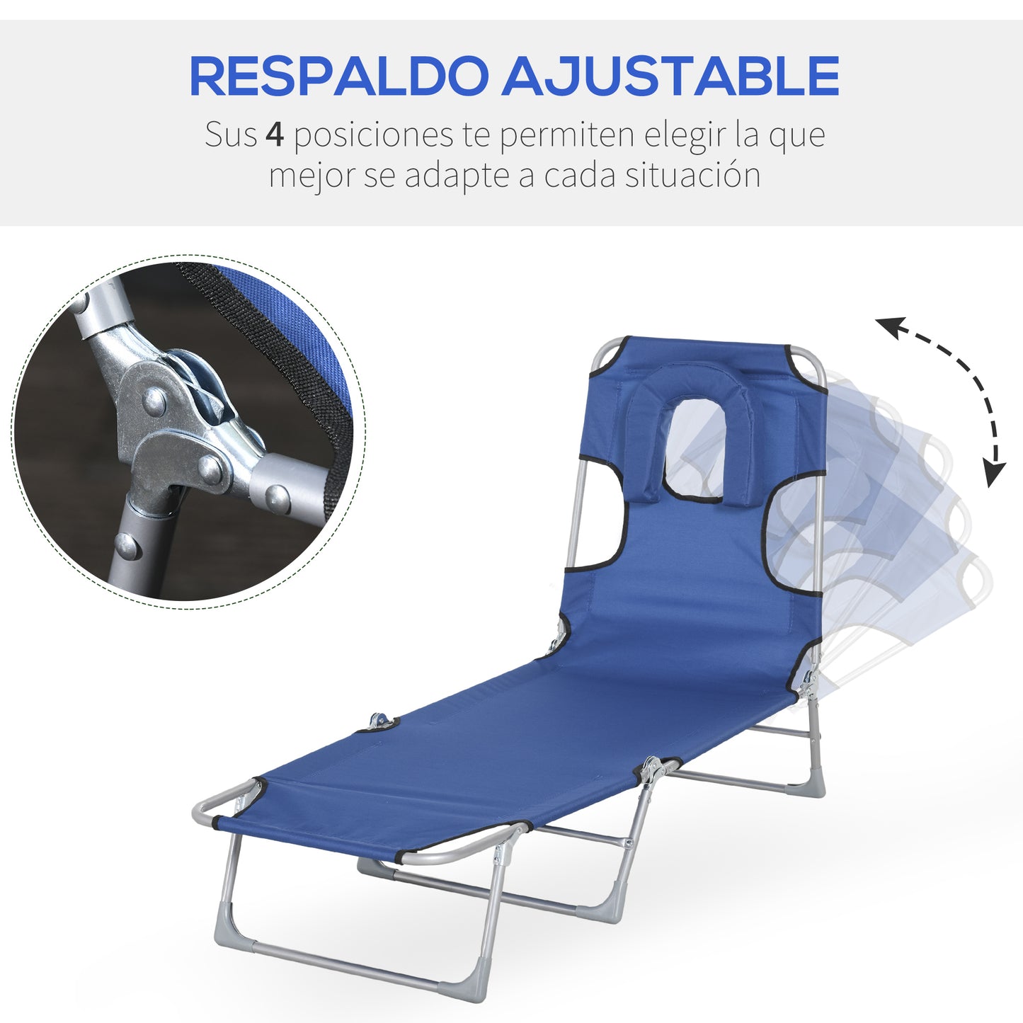 Outsunny Tumbona Reclinable y Plegable de Jardín con Orificio de Lectura Reposacabezas y Respaldo Ajustable en 5 Niveles para Playa 182x56x28 cm Azul