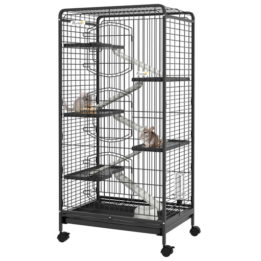 PawHut Jaula para Animales Pequeños Jaula para Roedores con Ruedas Rampa Cuenco Botella de Agua y Bandeja Extraíble Recinto para Conejos Chinchillas Hurones 64x43,5x131 cm Negro