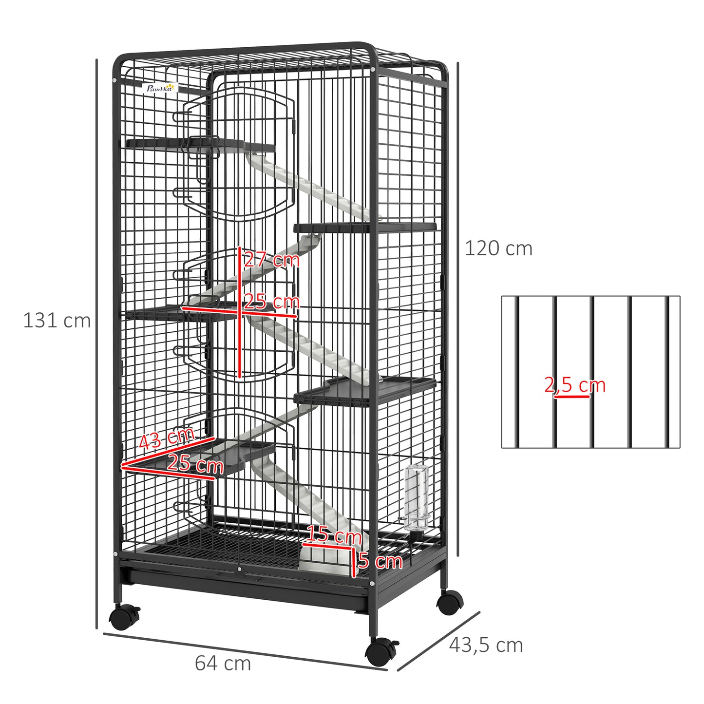 PawHut Jaula para Animales Pequeños Jaula para Roedores con Ruedas Rampa Cuenco Botella de Agua y Bandeja Extraíble Recinto para Conejos Chinchillas Hurones 64x43,5x131 cm Negro