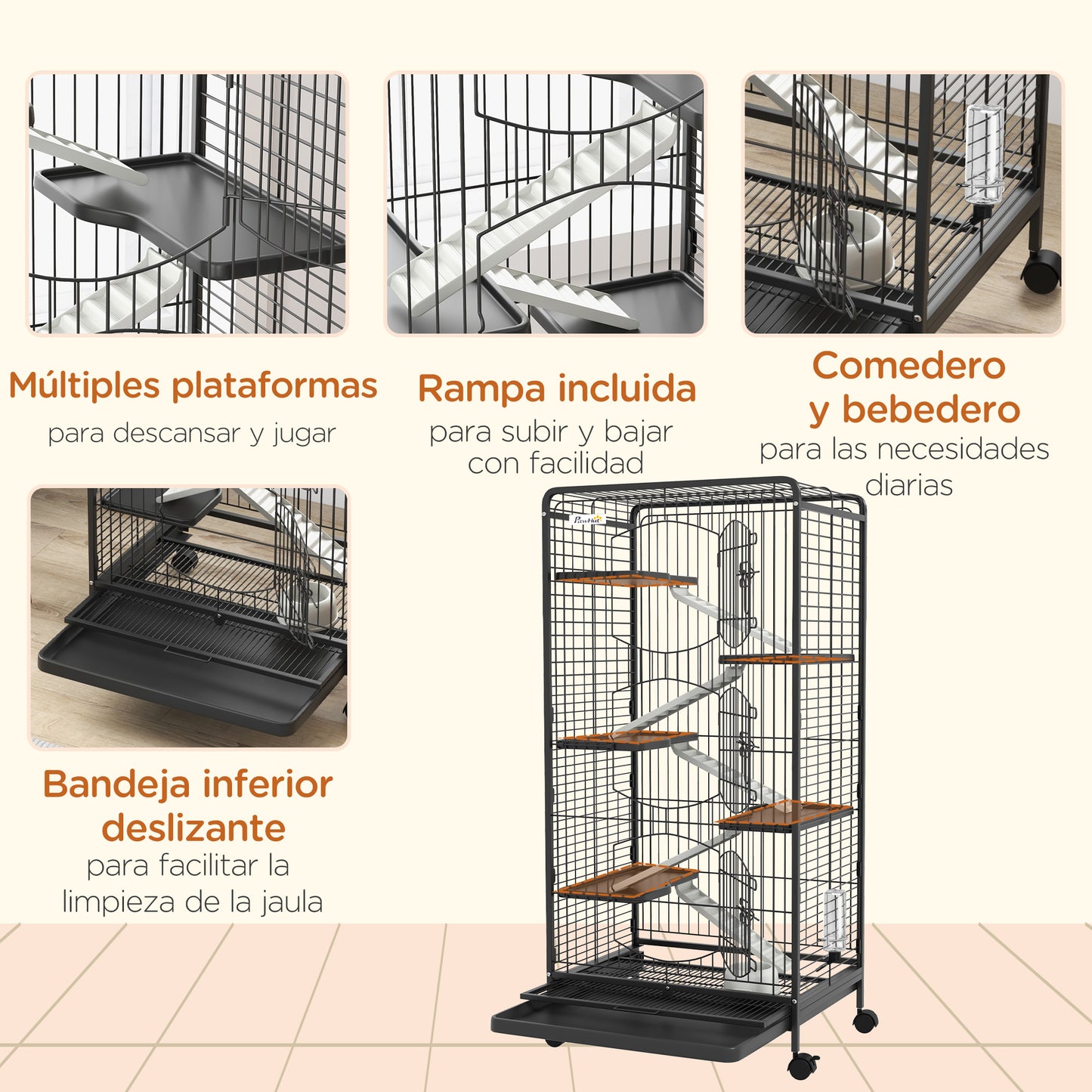 PawHut Jaula para Animales Pequeños Jaula para Roedores con Ruedas Rampa Cuenco Botella de Agua y Bandeja Extraíble Recinto para Conejos Chinchillas Hurones 64x43,5x131 cm Negro