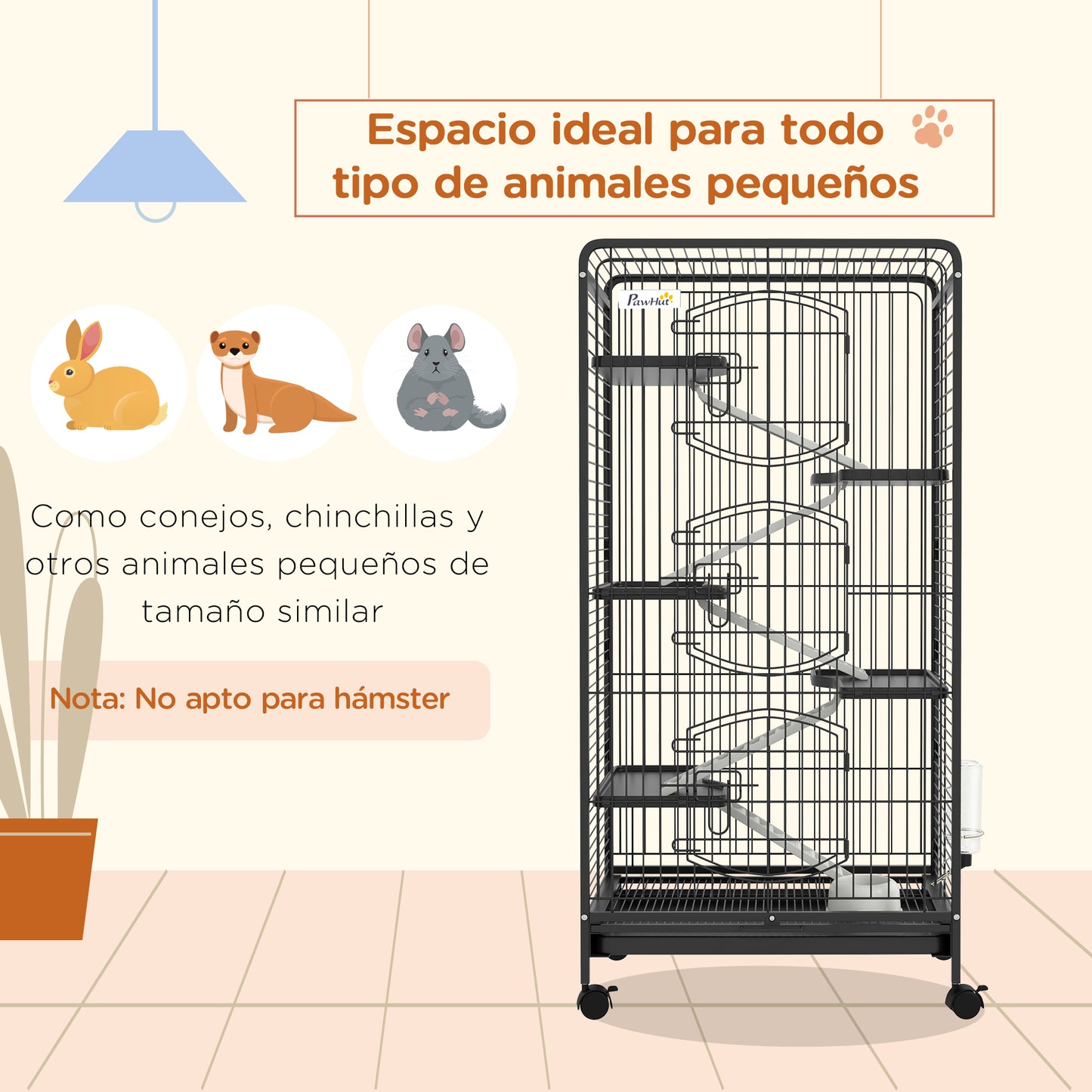 PawHut Jaula para Animales Pequeños Jaula para Roedores con Ruedas Rampa Cuenco Botella de Agua y Bandeja Extraíble Recinto para Conejos Chinchillas Hurones 64x43,5x131 cm Negro