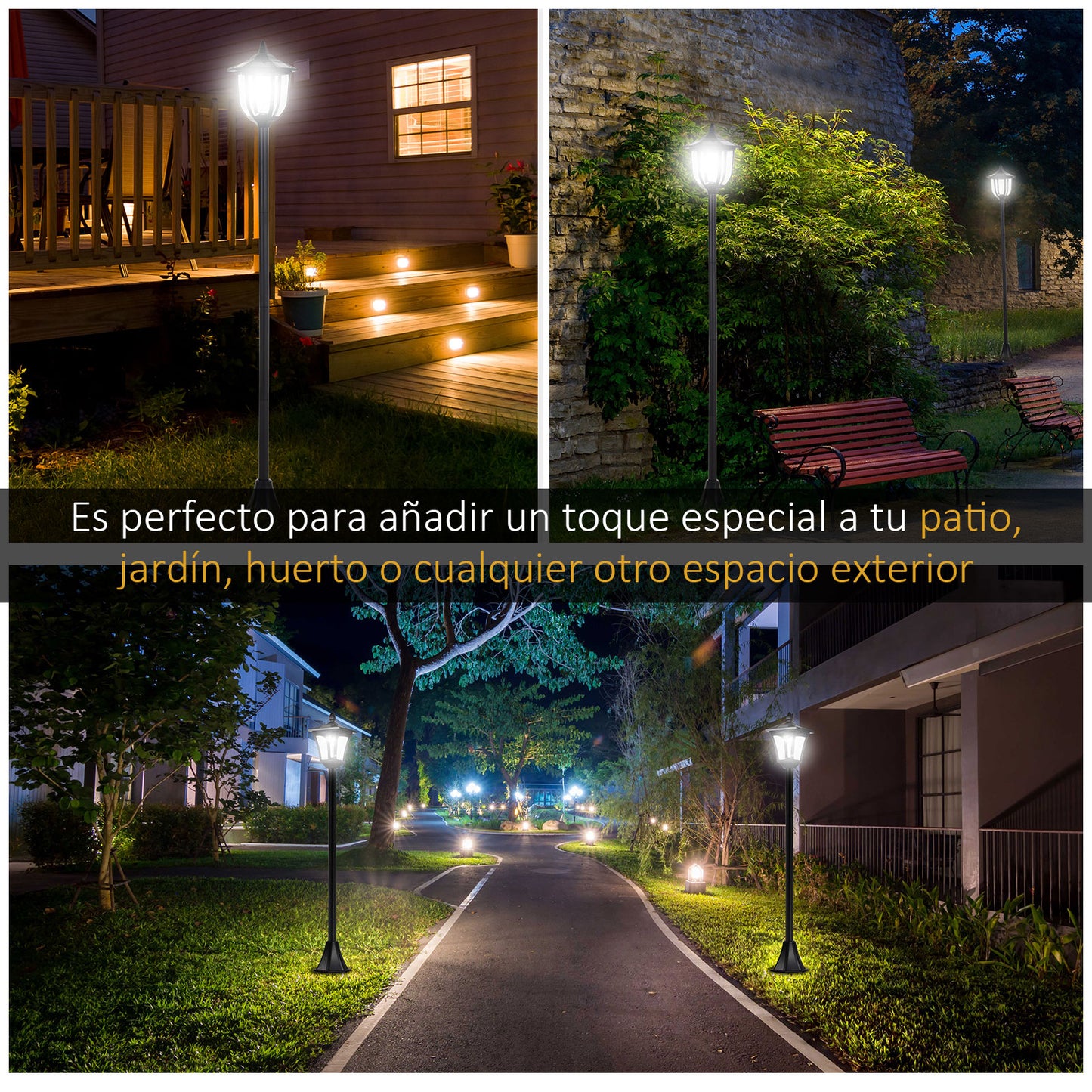 Outsunny Conjunto de 2 Farolas Solares Luces Solares para Jardín con Panel Solar Encendido Automático Impermeable IP44 para Terraza Patio 18x18x160 cm Negro