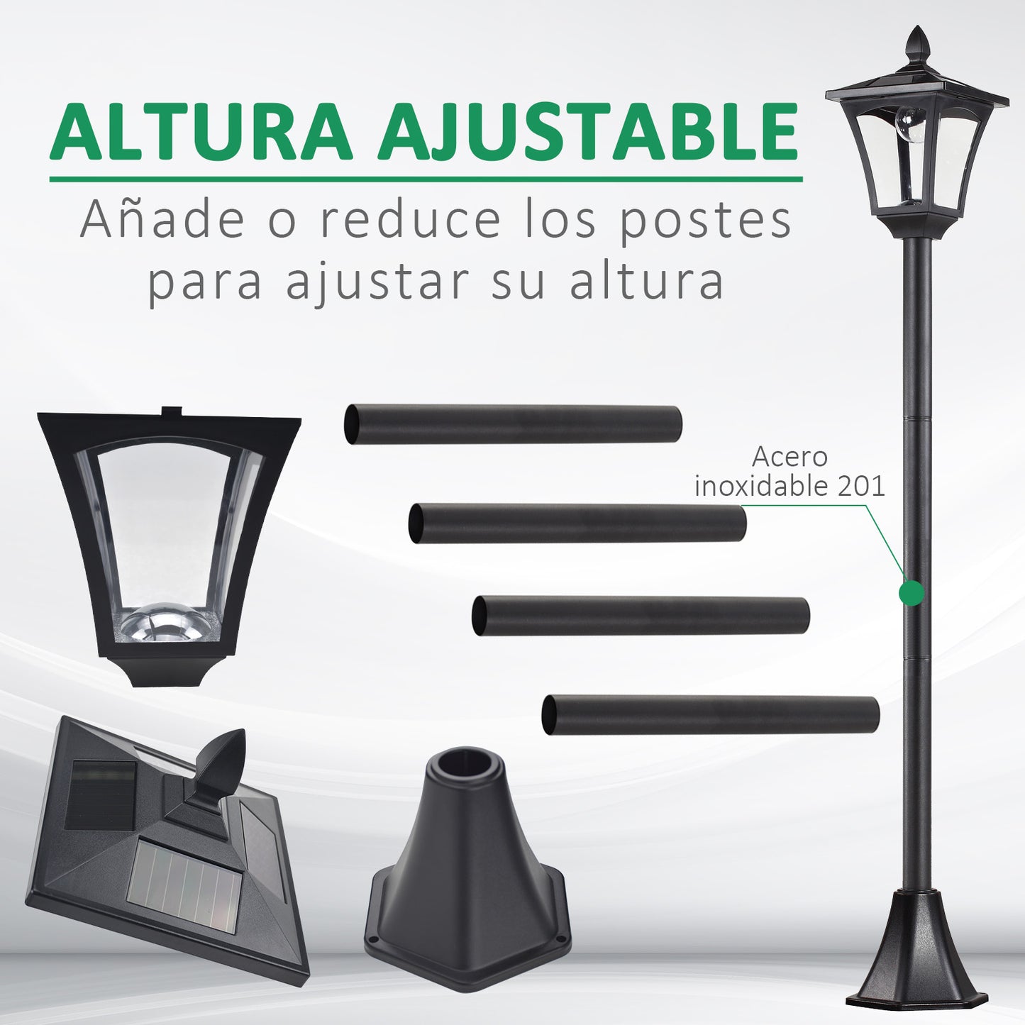 Outsunny Conjunto de 2 Farolas Solares Luces Solares para Jardín con Panel Solar Encendido Automático Impermeable IP44 para Terraza Patio 18x18x160 cm Negro