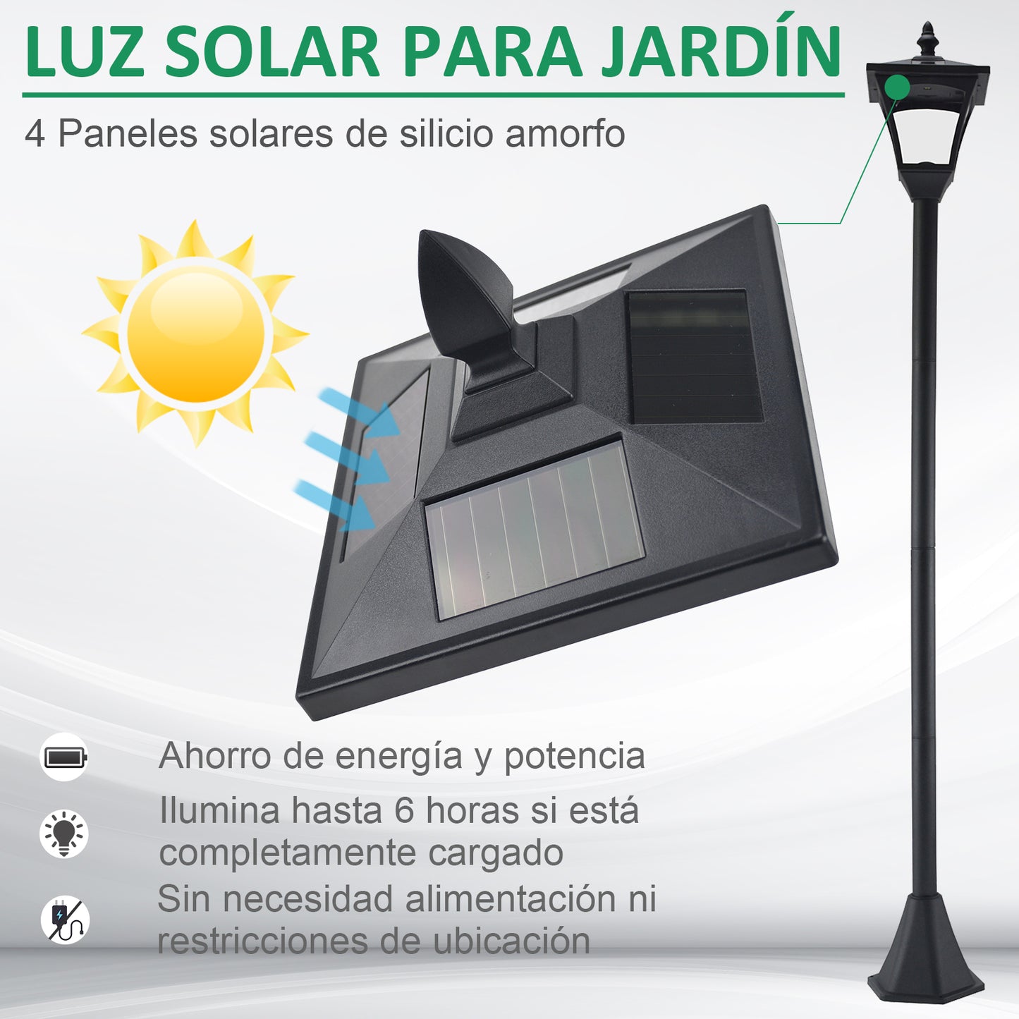 Outsunny Conjunto de 2 Farolas Solares Luces Solares para Jardín con Panel Solar Encendido Automático Impermeable IP44 para Terraza Patio 18x18x160 cm Negro