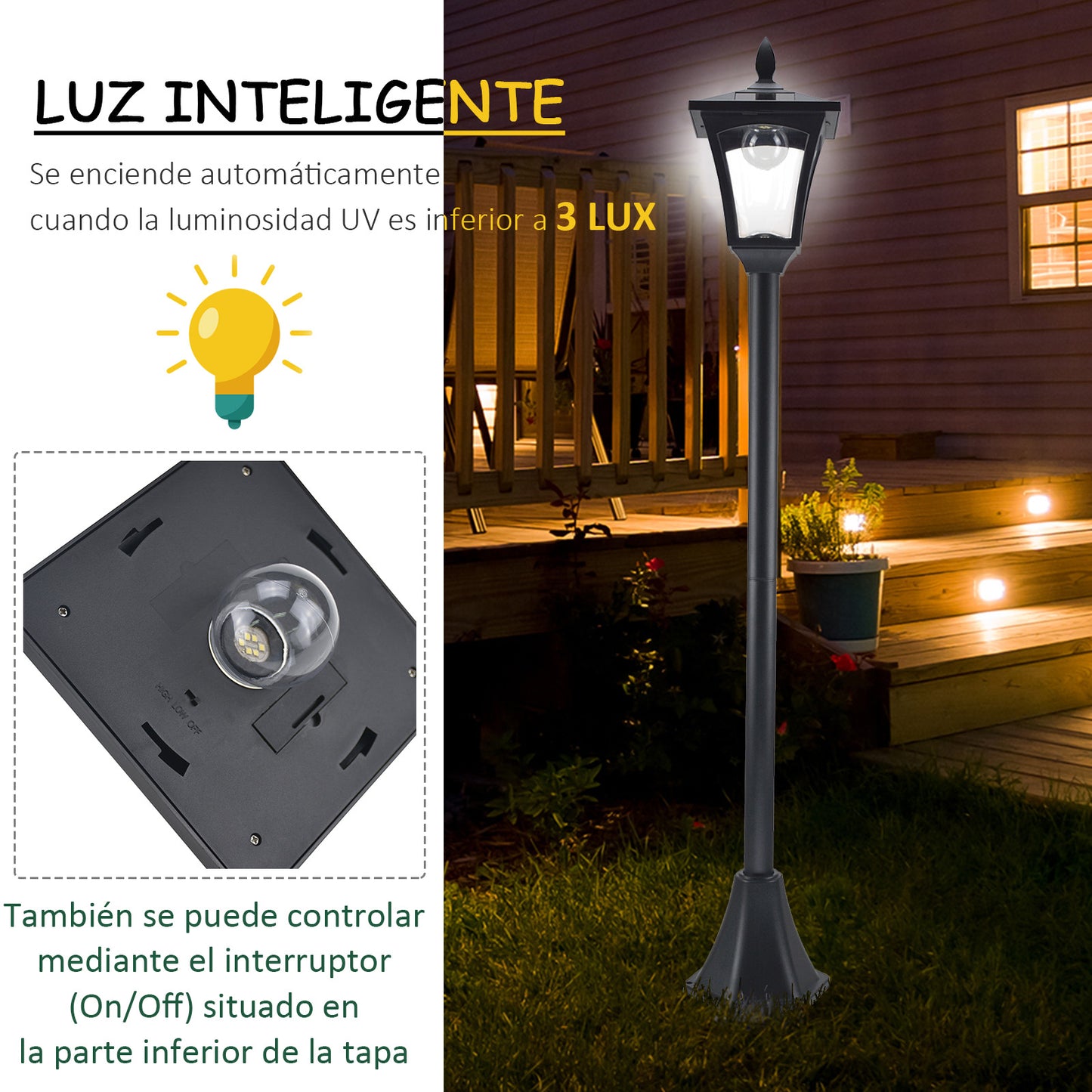 Outsunny Conjunto de 2 Farolas Solares Luces Solares para Jardín con Panel Solar Encendido Automático Impermeable IP44 para Terraza Patio 18x18x160 cm Negro