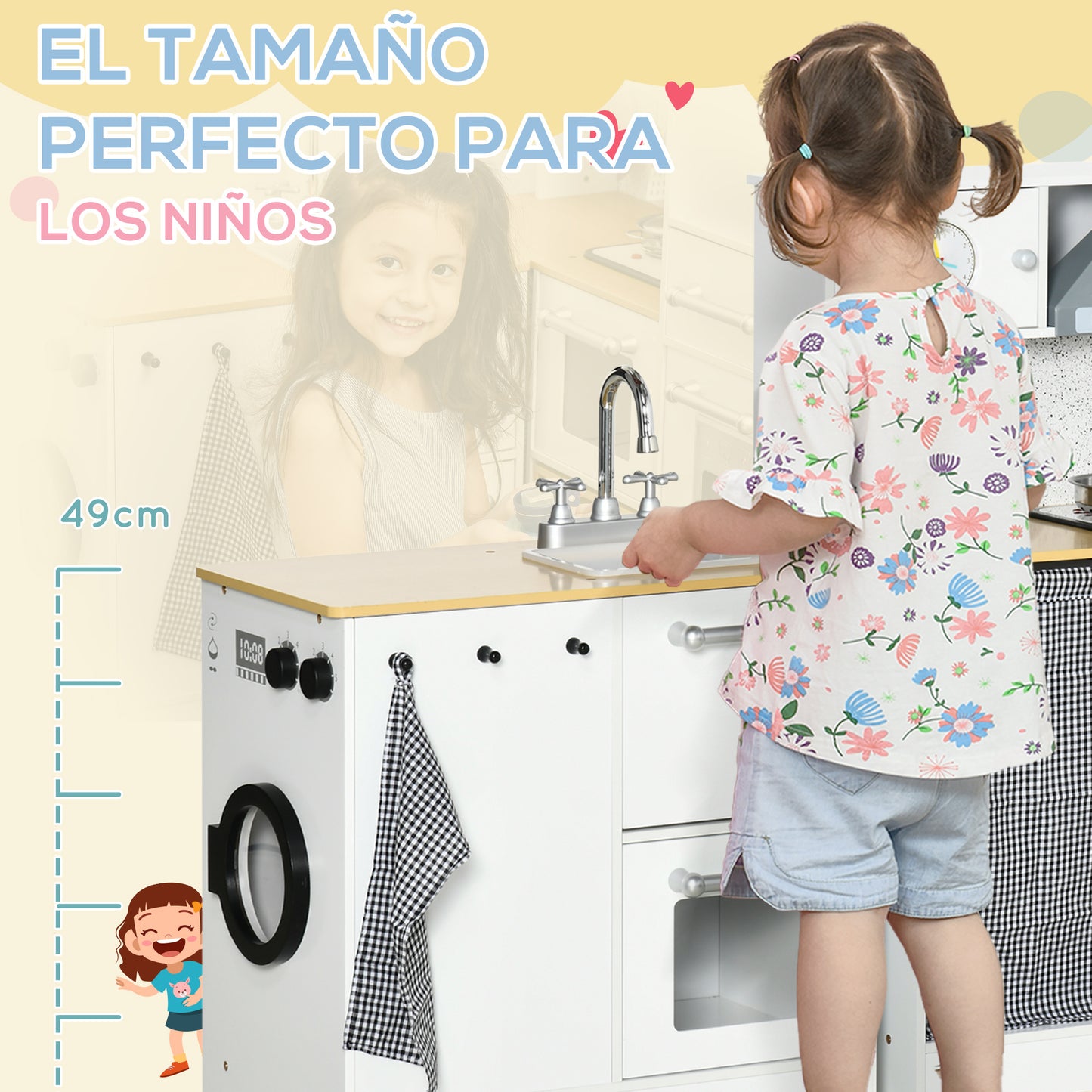 HOMCOM Cocina de Juguete de Madera para Niños de +3 Años Cocinita de Juguete con Luz Sonidos Taburete Cafetera Máquina de Hielo Lavadora Horno Refrigerador Fregadero 78,5x29x81 cm Blanco