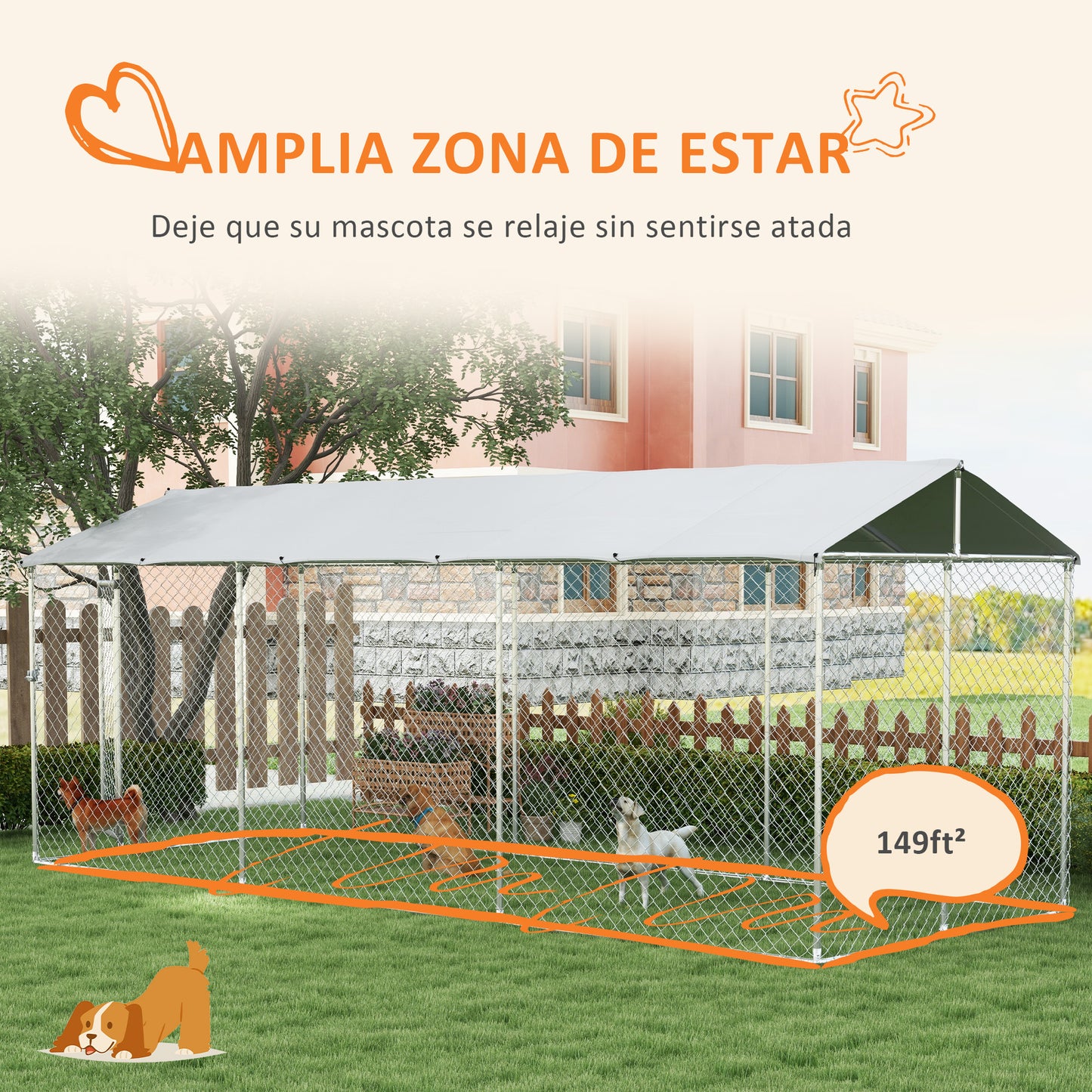 PawHut Perrera Jaula de Exterior para Perros Parque para Perros con 1 Puerta Marco de Acero Toldo Impermeable y Anti-UV 600x230x230 cm Plata