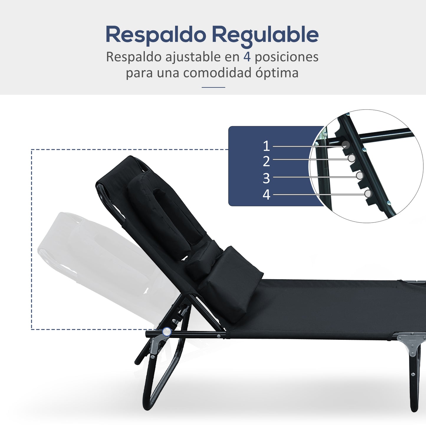 Outsunny Tumbona Plegable Tumbona de Jardín con Respaldo Ajustable en 4 Niveles Almohada Orificio de Lectura y Marco de Acero para Camping Playa Terraza 190x56x28 cm Negro