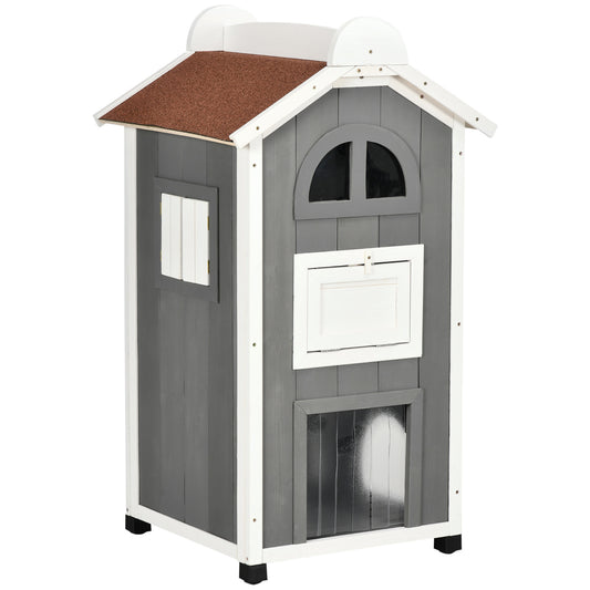 PawHut Casa para Gatos de Madera 59x55x109 cm Caseta para Gatos de 3 Niveles Refugio para Gatos con Techo Asfáltico Plataformas y Escalera para Exterior Gris