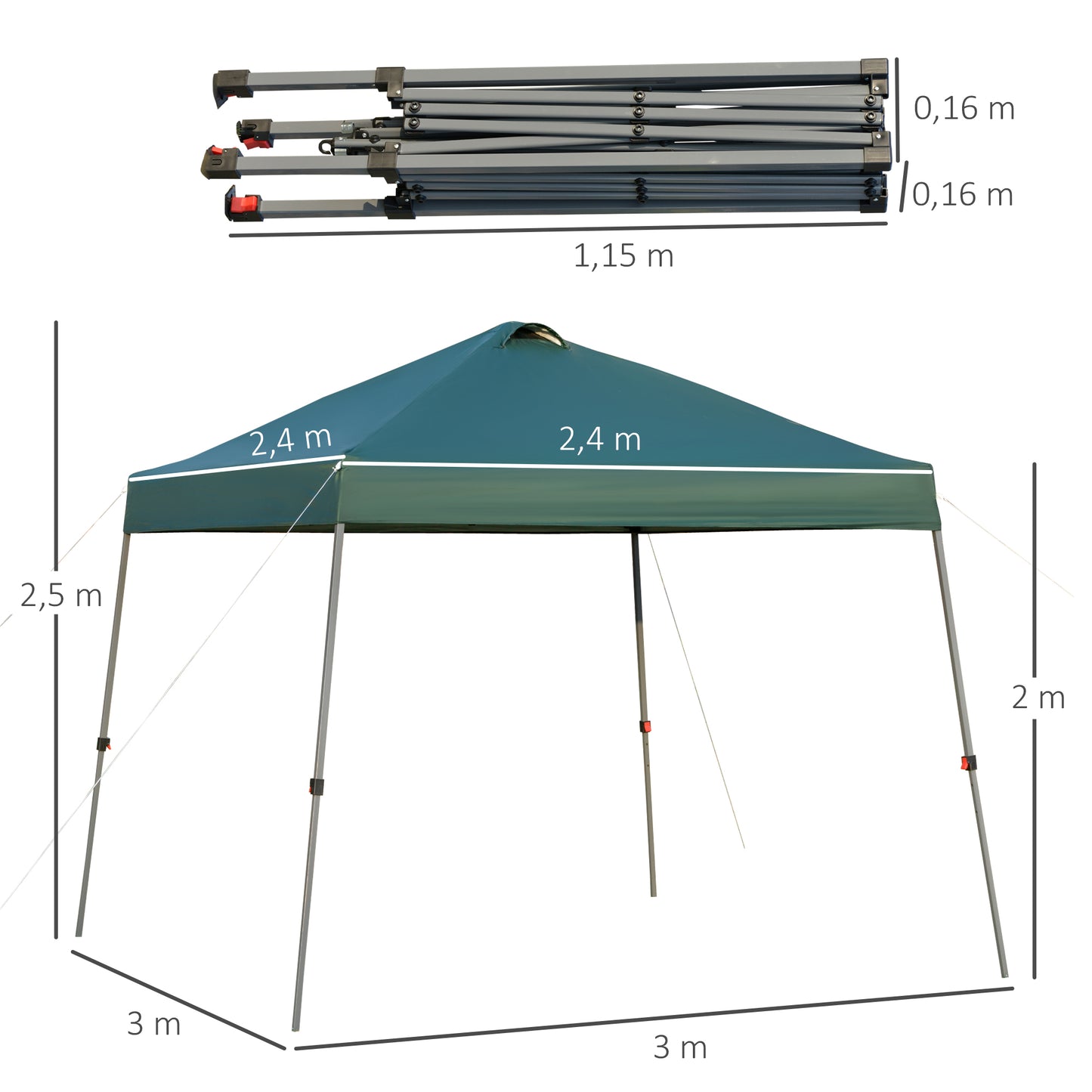 Outsunny Cenador Plegable 3x3m Carpa de Jardín con Bolsa de Transporte con Ruedas Impermeable y Marco de Acero Gazebo para Exterior Fiestas Camping Verde