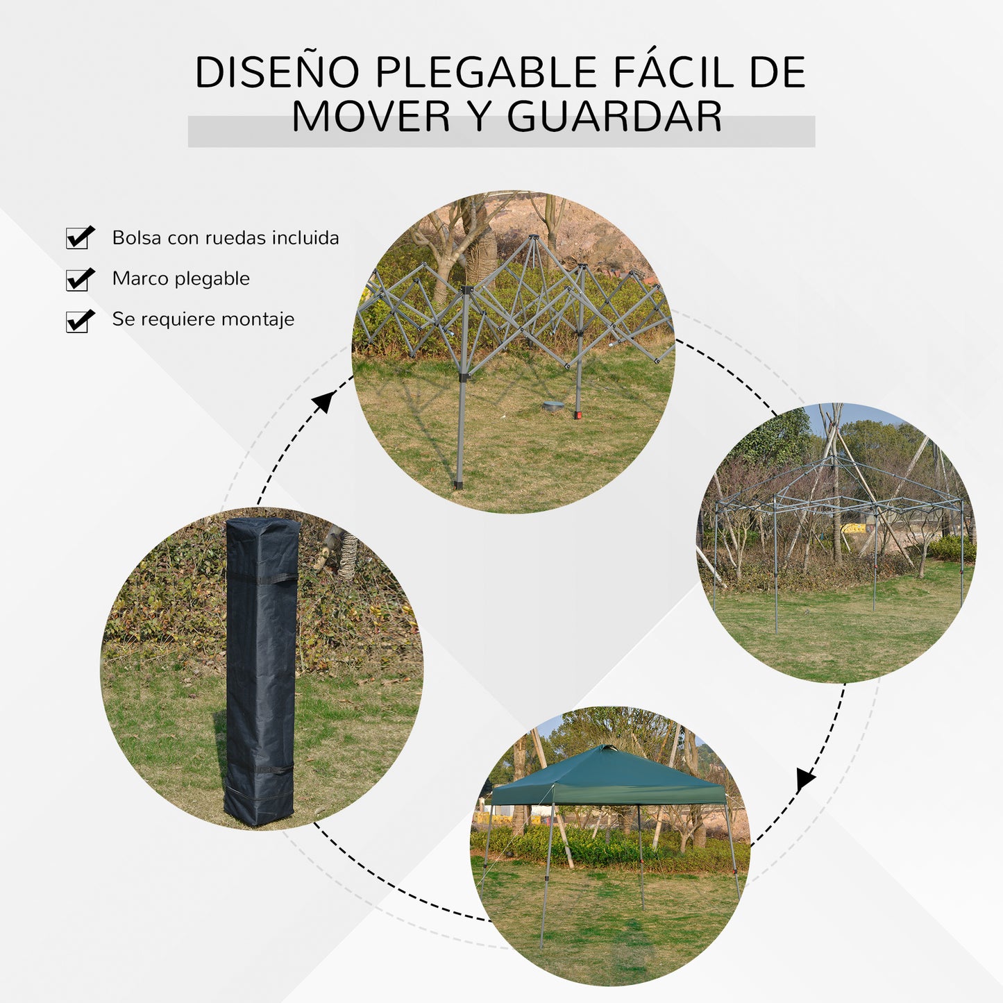 Outsunny Cenador Plegable 3x3m Carpa de Jardín con Bolsa de Transporte con Ruedas Impermeable y Marco de Acero Gazebo para Exterior Fiestas Camping Verde