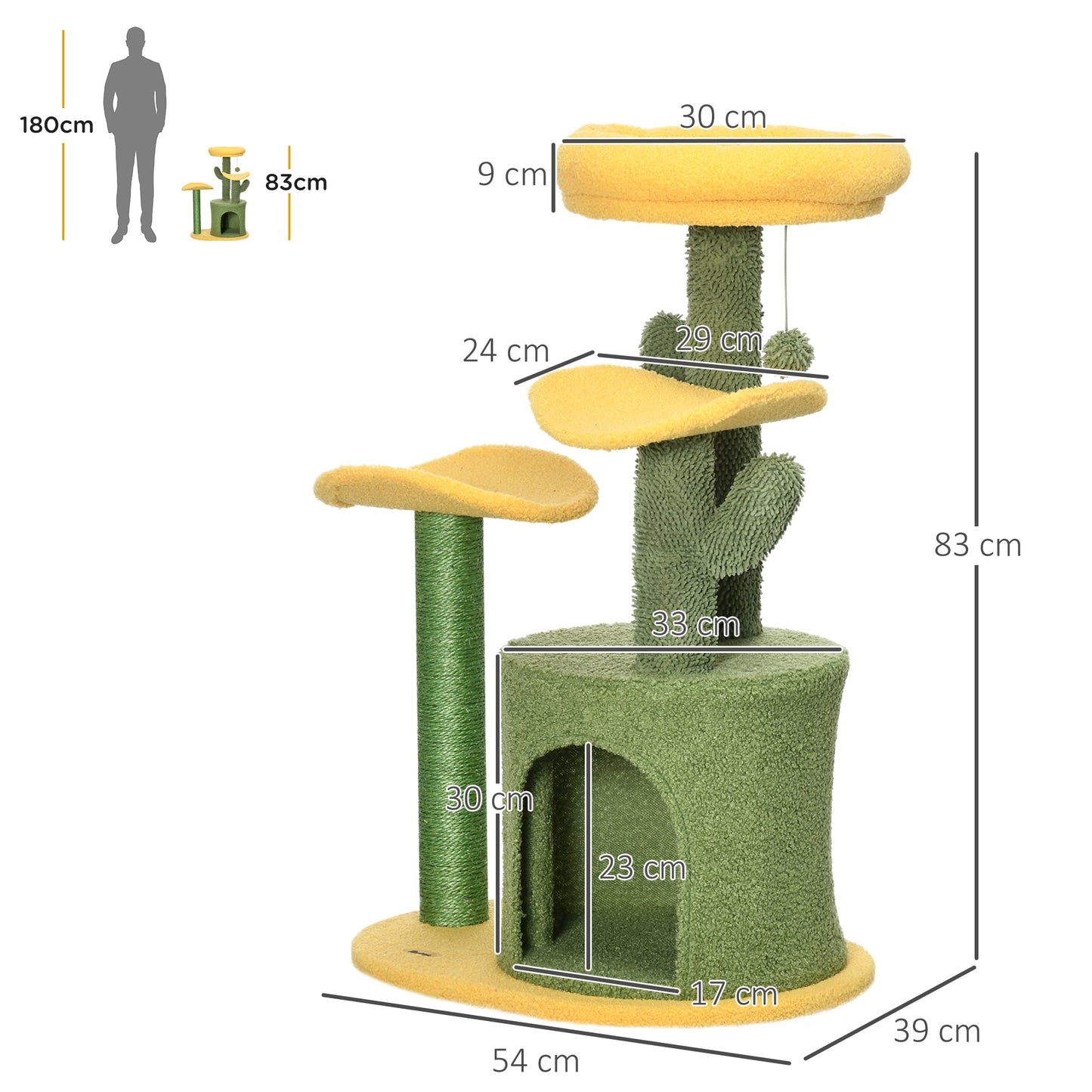 PawHut Árbol Rascador para Gatos en Forma de Cactus Altura 83 cm Torre para Gatos con Cama Caseta de Felpa Plataformas Postes de Sisal y Bola Colgante 54x39x83 cm Amarillo y Verde