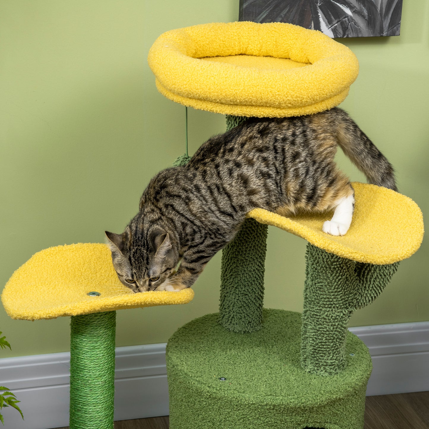 PawHut Árbol Rascador para Gatos en Forma de Cactus Altura 83 cm Torre para Gatos con Cama Caseta de Felpa Plataformas Postes de Sisal y Bola Colgante 54x39x83 cm Amarillo y Verde