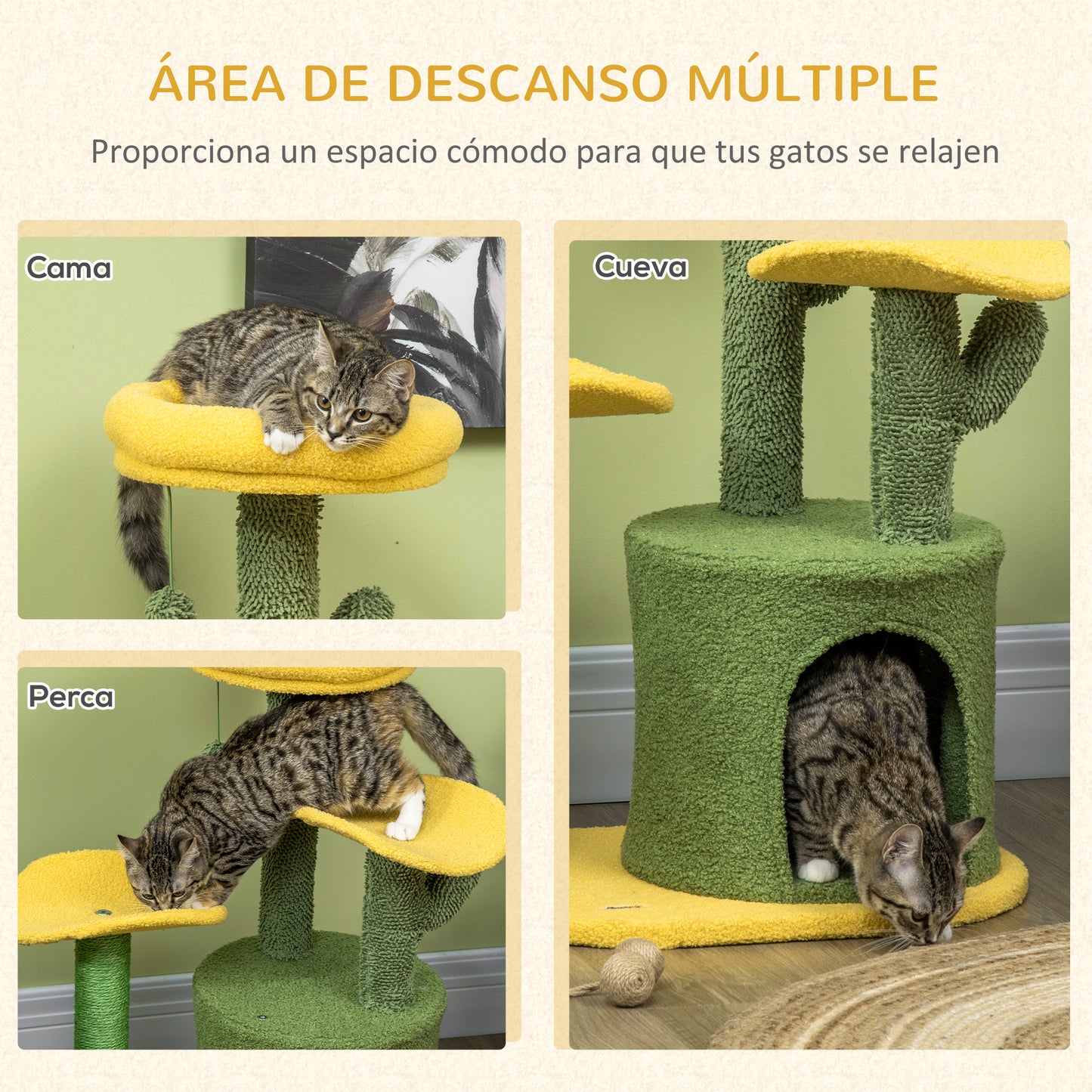 PawHut Árbol Rascador para Gatos en Forma de Cactus Altura 83 cm Torre para Gatos con Cama Caseta de Felpa Plataformas Postes de Sisal y Bola Colgante 54x39x83 cm Amarillo y Verde