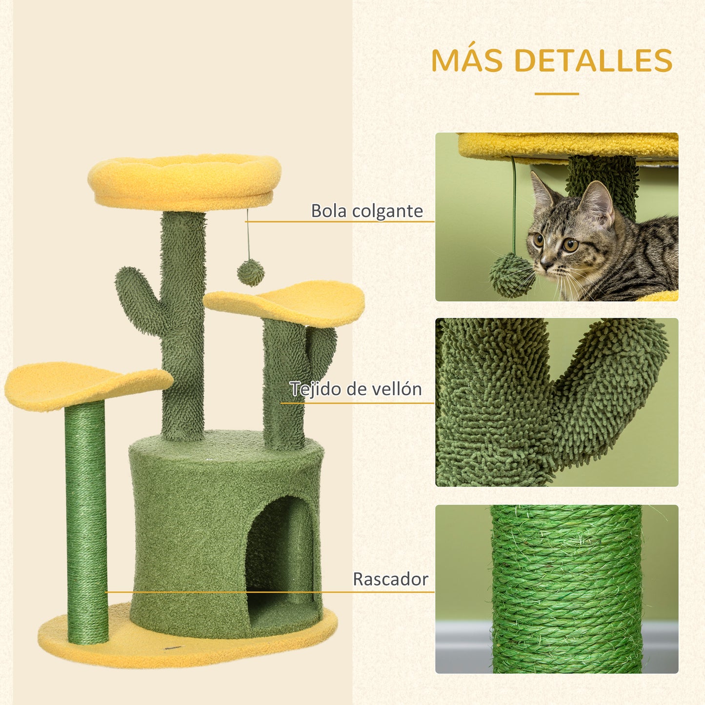 PawHut Árbol Rascador para Gatos en Forma de Cactus Altura 83 cm Torre para Gatos con Cama Caseta de Felpa Plataformas Postes de Sisal y Bola Colgante 54x39x83 cm Amarillo y Verde