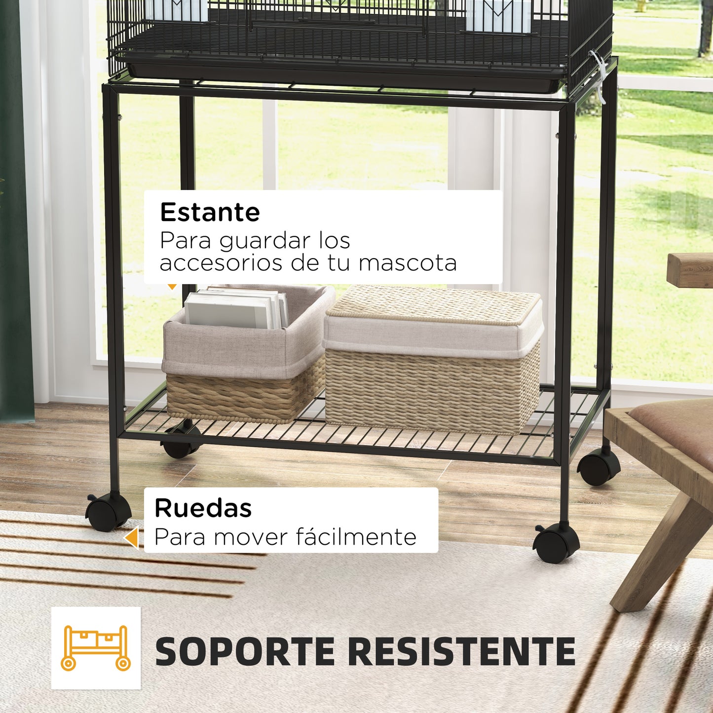 PawHut Jaula para Pájaros 77x46x119 cm Jaula Metálica para Aves con Bandeja Extraíble Perchas Comederos para Periquitos Canarios Negro