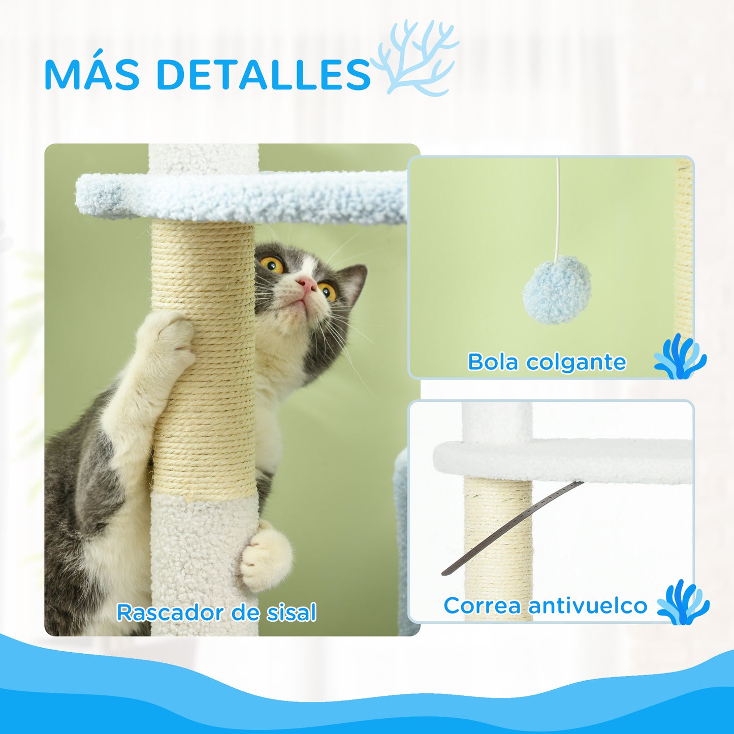 PawHut Árbol Rascador para Gatos Grandes de 155 cm Torre para Gatos de Interior con Postes de Sisal Cueva Cama Hamaca y Bola de Juguete Ø54,5x155 cm Blanco y Azul