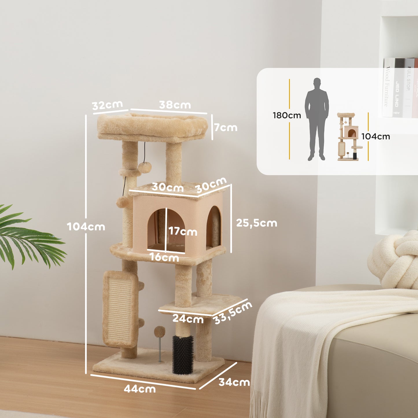 PawHut Árbol Rascador para Gatos Altura 104 cm Árbol para Gatos Torre para Gatos con Plataformas Poste con Cepillo Bolas Colgantes y Almohadilla para Rascar Beige