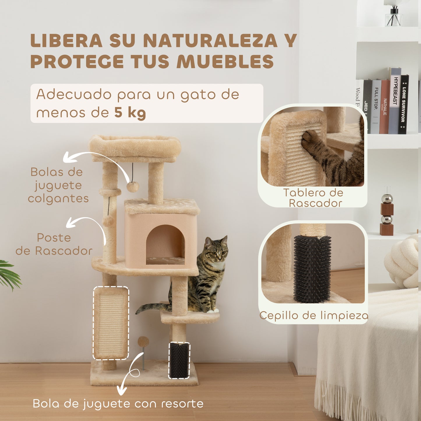 PawHut Árbol Rascador para Gatos Altura 104 cm Árbol para Gatos Torre para Gatos con Plataformas Poste con Cepillo Bolas Colgantes y Almohadilla para Rascar Beige