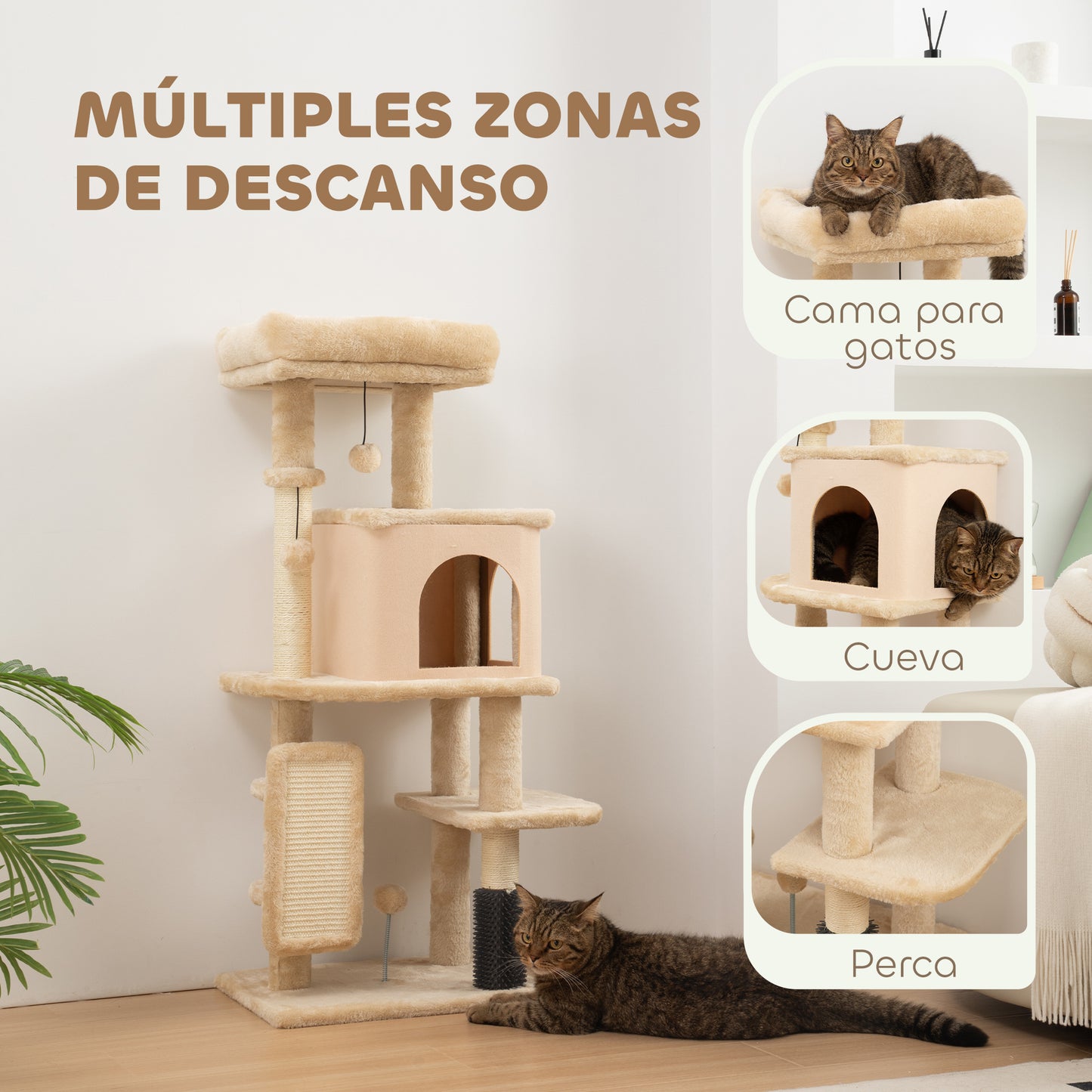 PawHut Árbol Rascador para Gatos Altura 104 cm Árbol para Gatos Torre para Gatos con Plataformas Poste con Cepillo Bolas Colgantes y Almohadilla para Rascar Beige