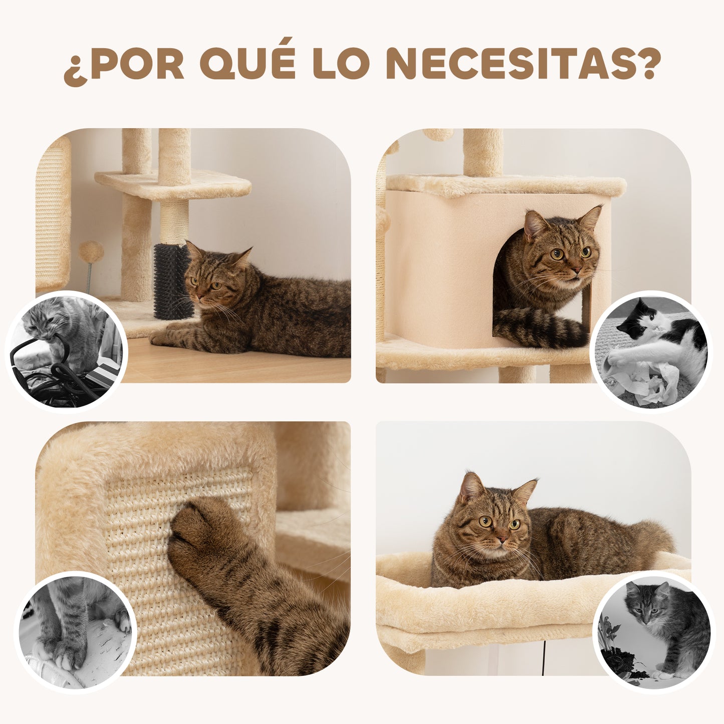 PawHut Árbol Rascador para Gatos Altura 104 cm Árbol para Gatos Torre para Gatos con Plataformas Poste con Cepillo Bolas Colgantes y Almohadilla para Rascar Beige