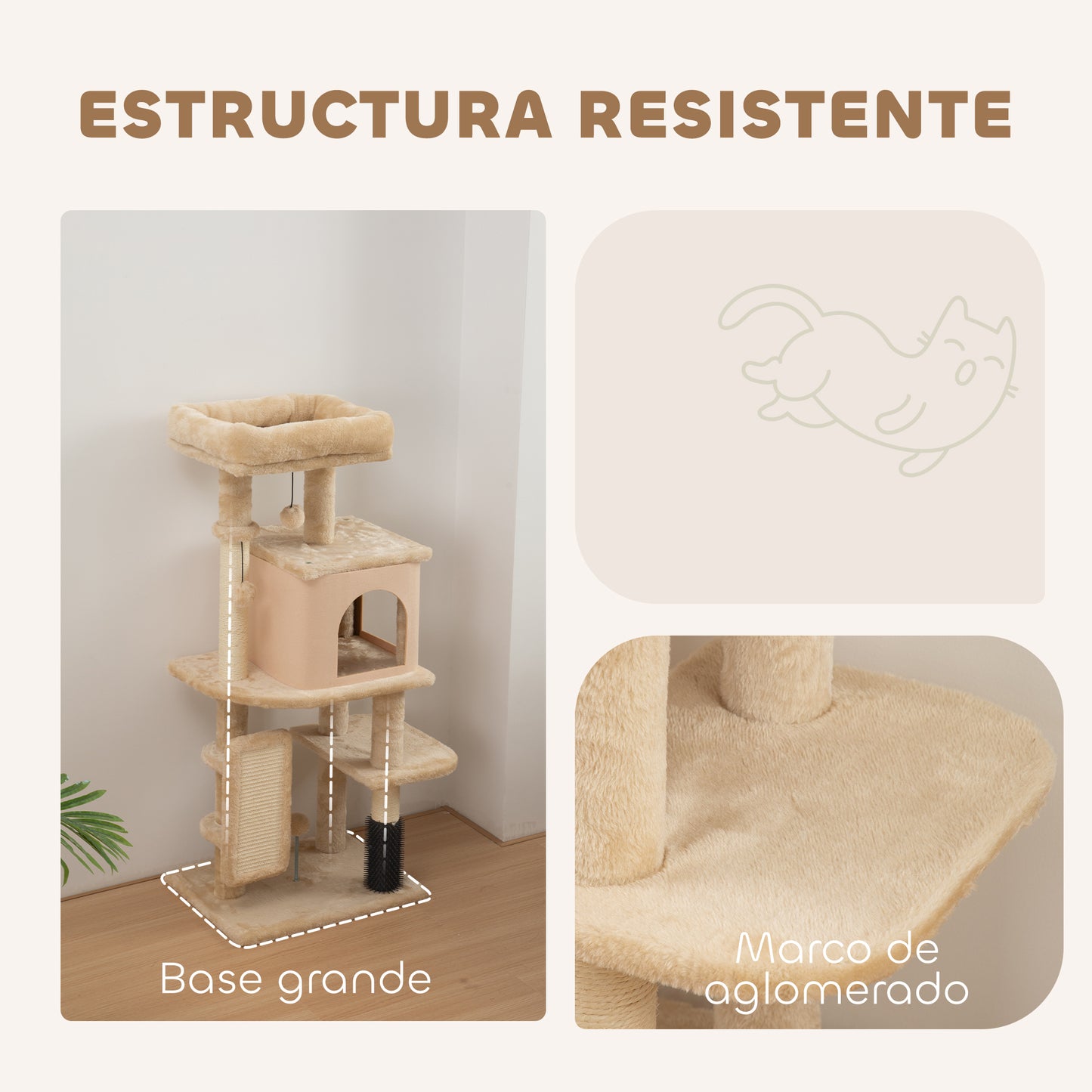 PawHut Árbol Rascador para Gatos Altura 104 cm Árbol para Gatos Torre para Gatos con Plataformas Poste con Cepillo Bolas Colgantes y Almohadilla para Rascar Beige