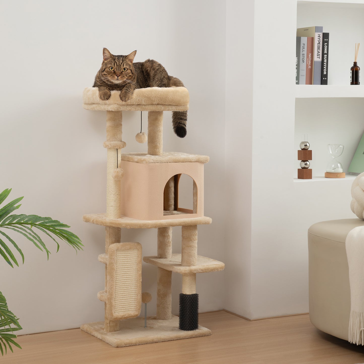 PawHut Árbol Rascador para Gatos Altura 104 cm Árbol para Gatos Torre para Gatos con Plataformas Poste con Cepillo Bolas Colgantes y Almohadilla para Rascar Beige