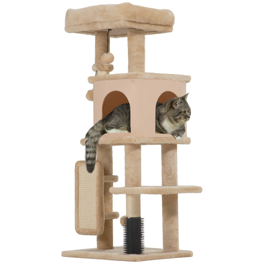 PawHut Árbol Rascador para Gatos Altura 104 cm Árbol para Gatos Torre para Gatos con Plataformas Poste con Cepillo Bolas Colgantes y Almohadilla para Rascar Beige