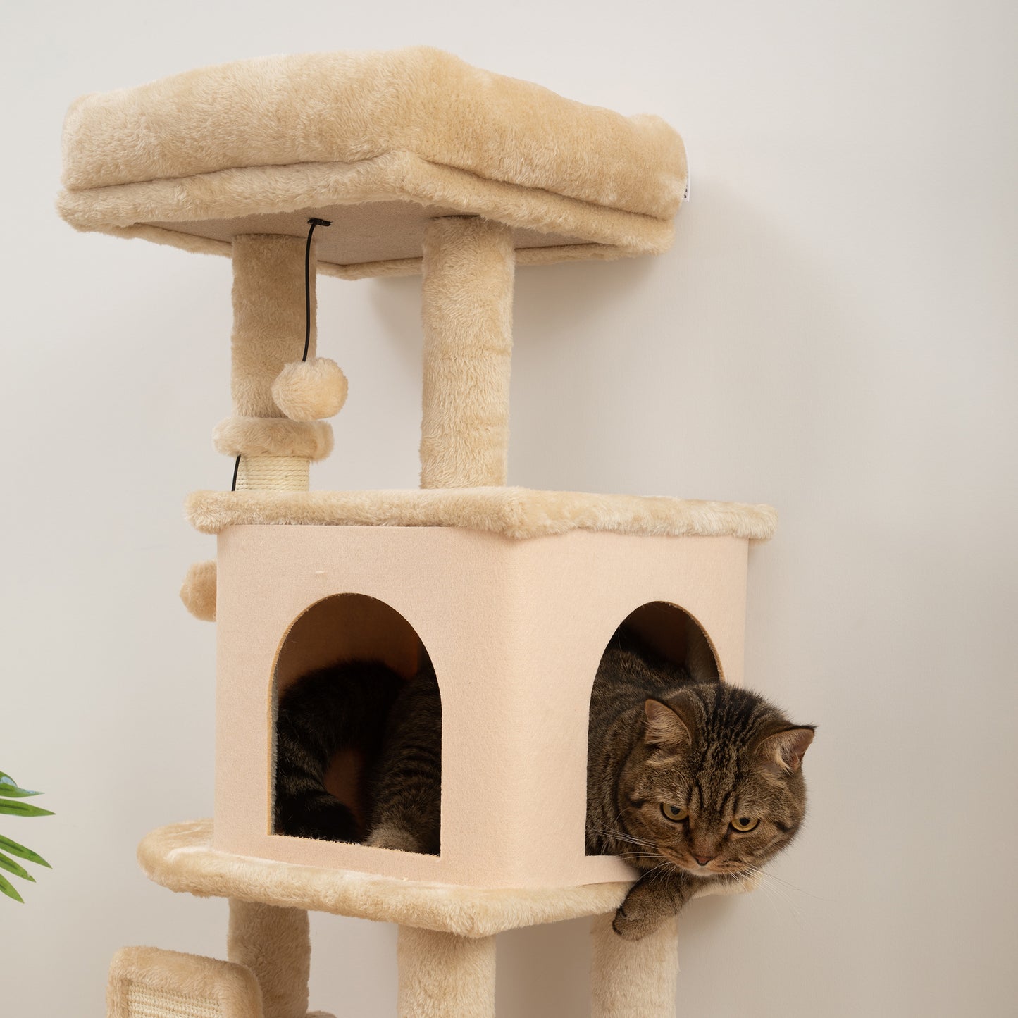 PawHut Árbol Rascador para Gatos Altura 104 cm Árbol para Gatos Torre para Gatos con Plataformas Poste con Cepillo Bolas Colgantes y Almohadilla para Rascar Beige