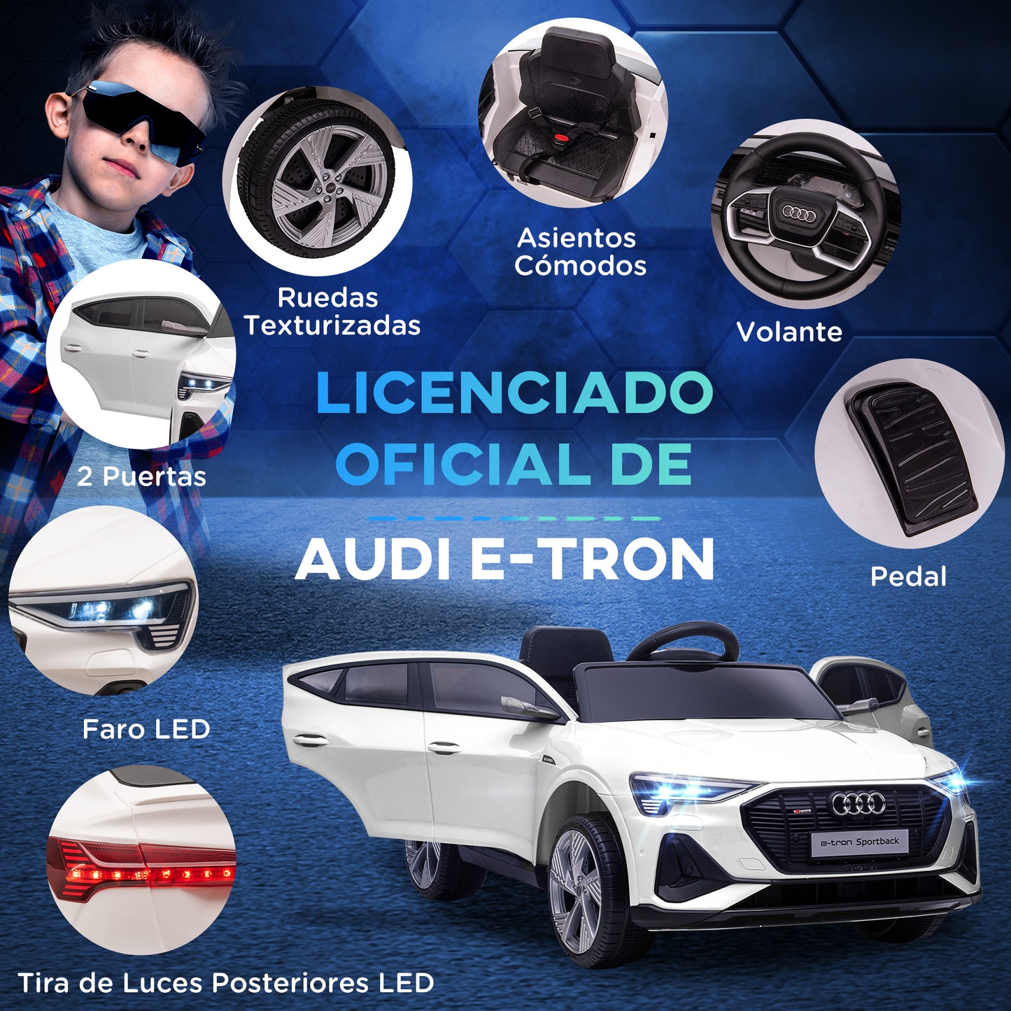 HOMCOM Coche Eléctrico para Niños Audi E-tron Coche de Batería para Niños 12V con Mando a Distancia Faros Bocina Música Velocidad 3-5 km/h Cinturón de Seguridad Blanco