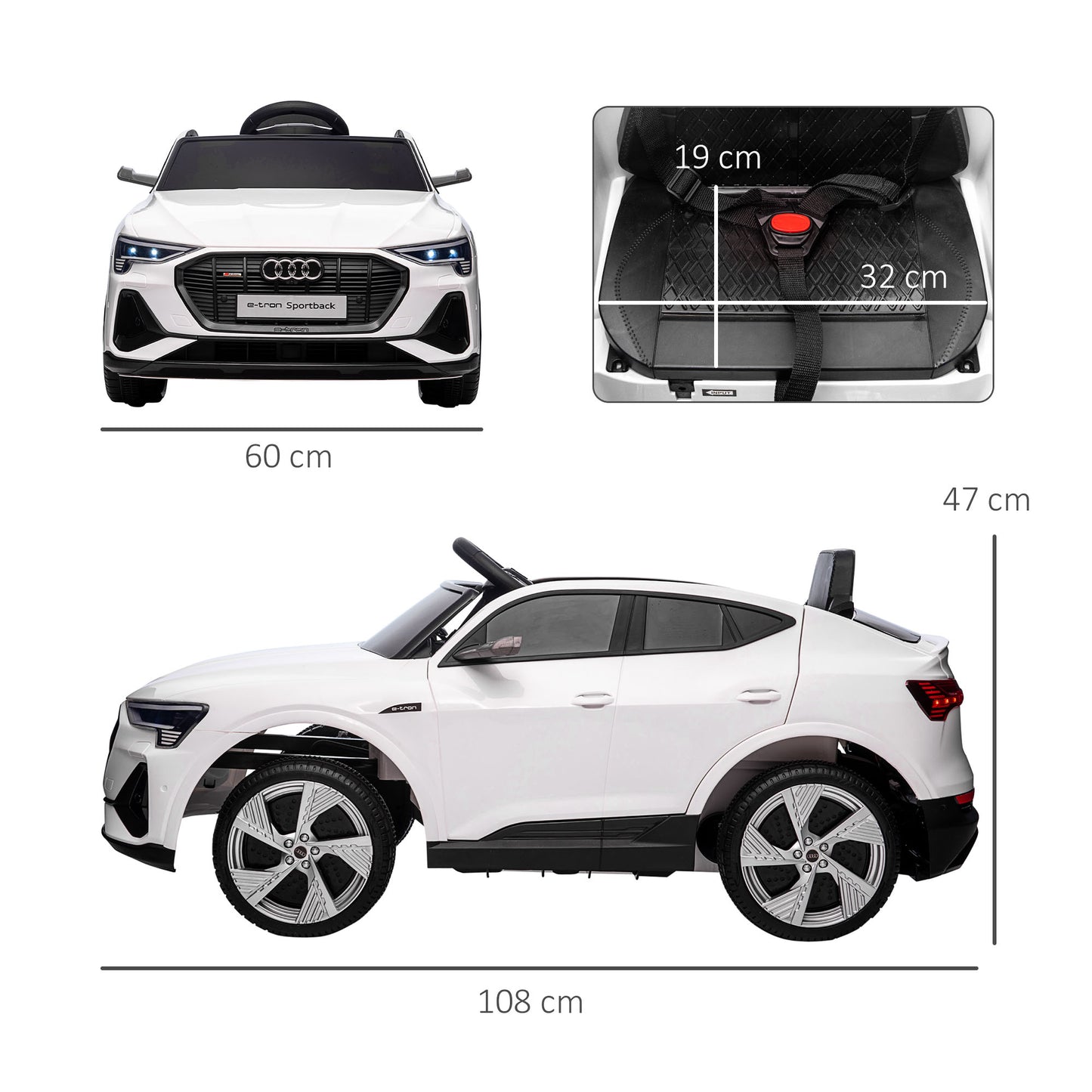 HOMCOM Coche Eléctrico para Niños Audi E-tron Coche de Batería para Niños 12V con Mando a Distancia Faros Bocina Música Velocidad 3-5 km/h Cinturón de Seguridad Blanco