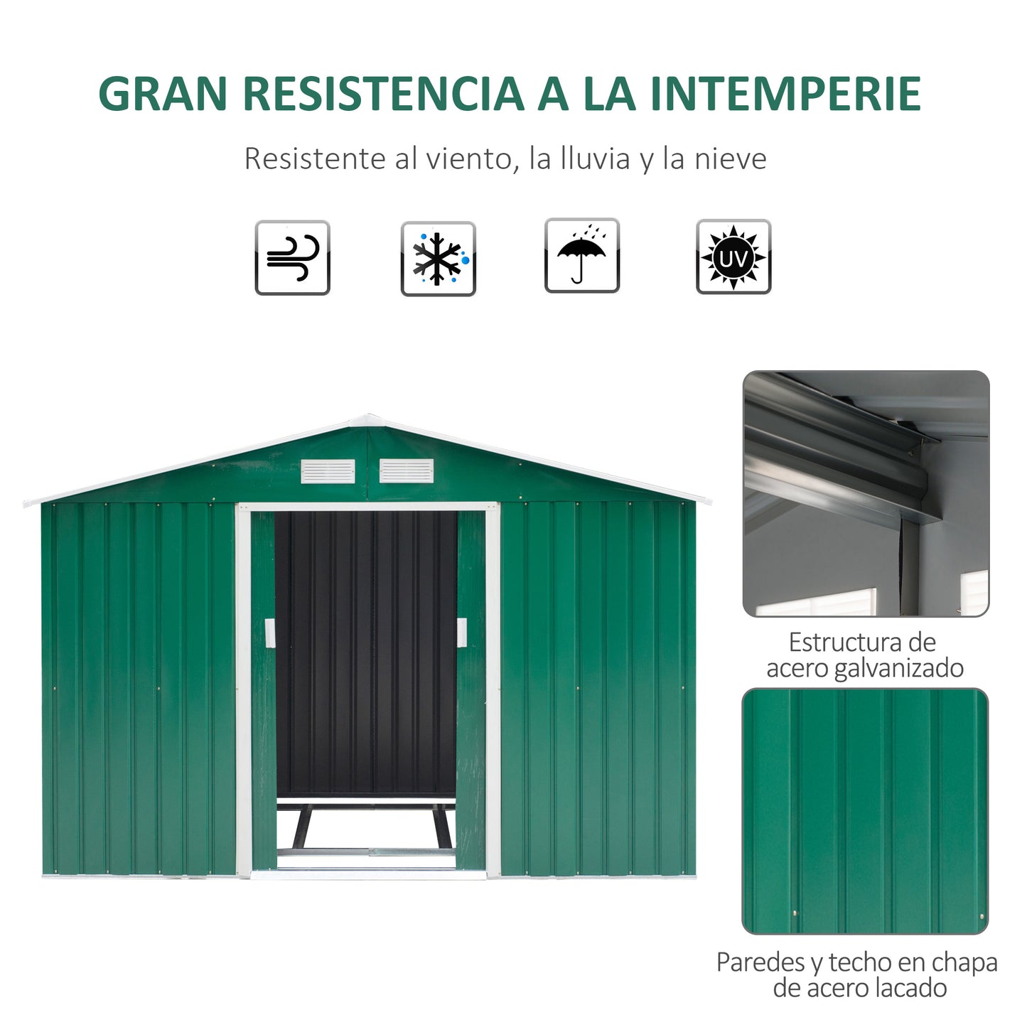 Outsunny Caseta de Jardín de Exterior Cobertizo de Jardín 4,9 m² 277x195x192 cm con 2 Puertas Corredizas Base Refuerzo (Suelo NO Incluido) para Patio Terraza Verde Oscuro