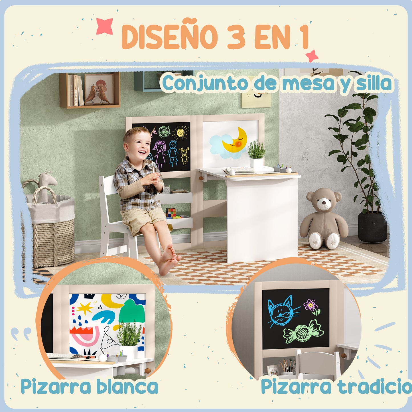 AIYAPLAY Mesa y Silla Infantil de 2 Piezas Mesa Infantil con Silla y Caballete Plegable Mesa para Niños de +3 Años con Estantes y Rollo de Papel para Dormitorio Sala de Juegos Blanco