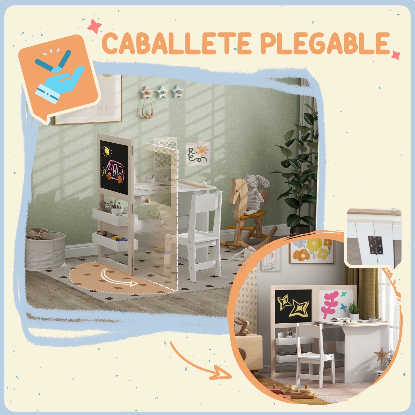 AIYAPLAY Mesa y Silla Infantil de 2 Piezas Mesa Infantil con Silla y Caballete Plegable Mesa para Niños de +3 Años con Estantes y Rollo de Papel para Dormitorio Sala de Juegos Blanco