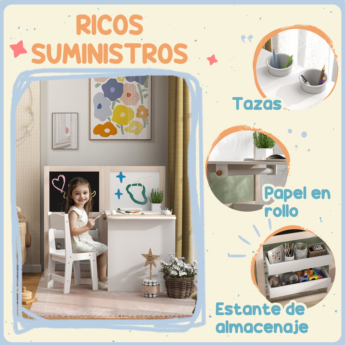 AIYAPLAY Mesa y Silla Infantil de 2 Piezas Mesa Infantil con Silla y Caballete Plegable Mesa para Niños de +3 Años con Estantes y Rollo de Papel para Dormitorio Sala de Juegos Blanco