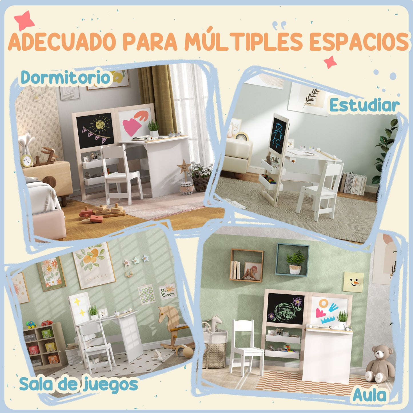 AIYAPLAY Mesa y Silla Infantil de 2 Piezas Mesa Infantil con Silla y Caballete Plegable Mesa para Niños de +3 Años con Estantes y Rollo de Papel para Dormitorio Sala de Juegos Blanco