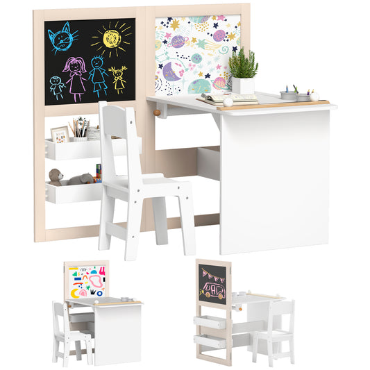 AIYAPLAY Mesa y Silla Infantil de 2 Piezas Mesa Infantil con Silla y Caballete Plegable Mesa para Niños de +3 Años con Estantes y Rollo de Papel para Dormitorio Sala de Juegos Blanco