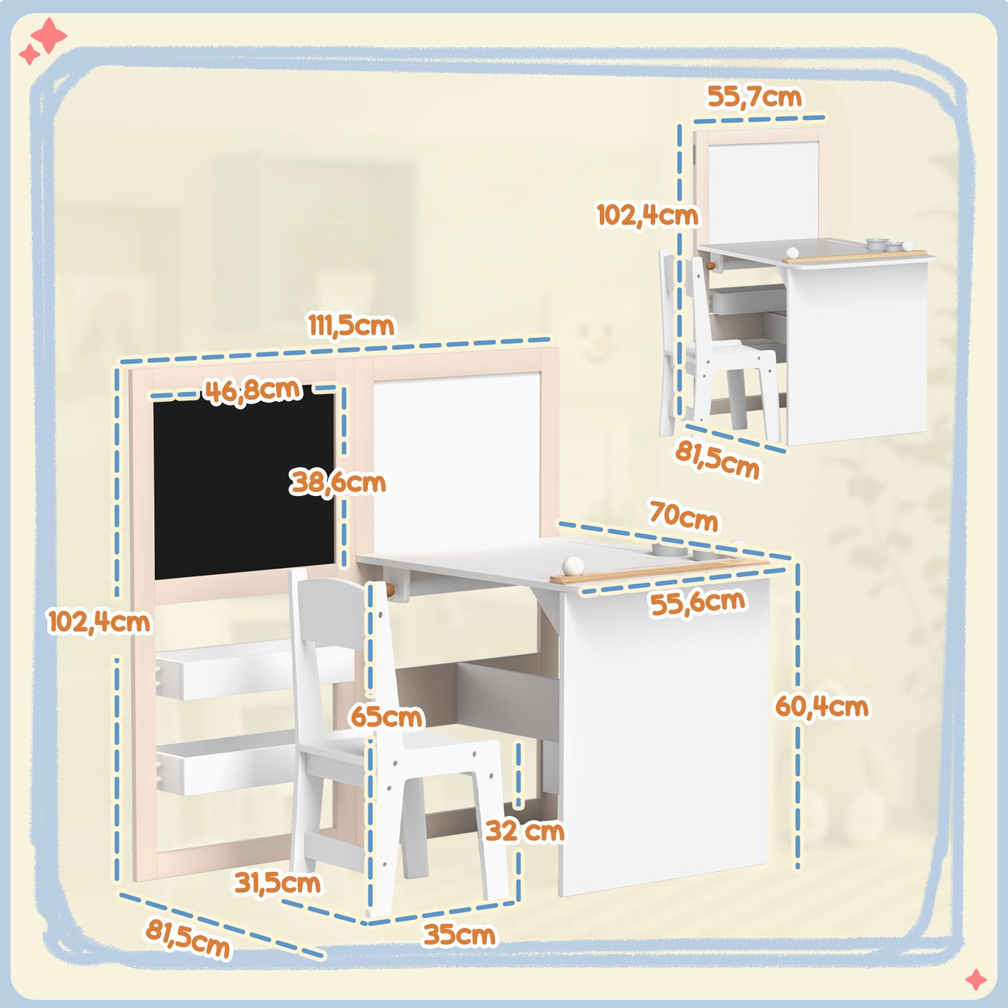 AIYAPLAY Mesa y Silla Infantil de 2 Piezas Mesa Infantil con Silla y Caballete Plegable Mesa para Niños de +3 Años con Estantes y Rollo de Papel para Dormitorio Sala de Juegos Blanco